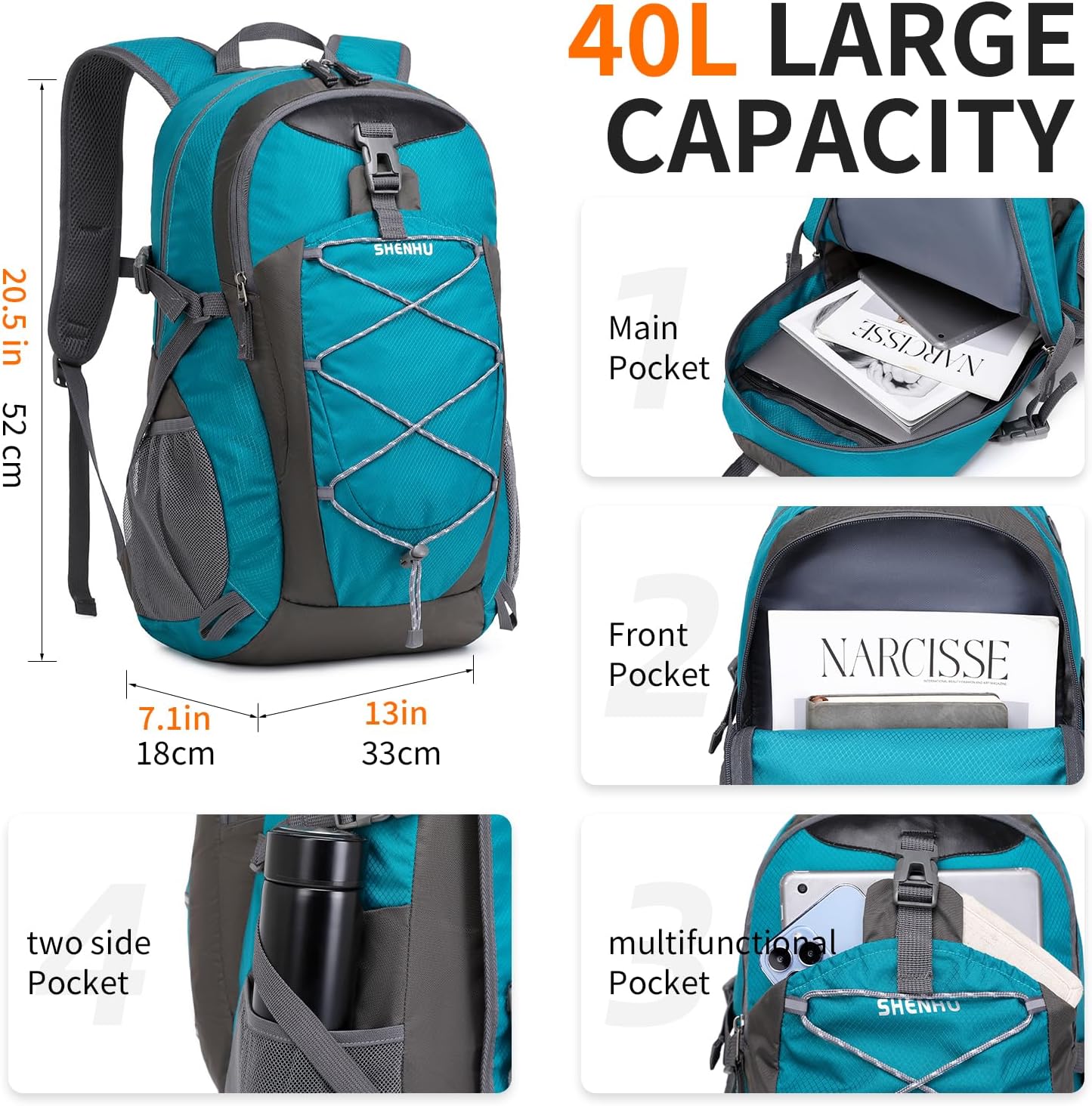 40L Hiking Backpack Lightweight Daypack Waterproof Travel Camping Backpack for Men Women Sport