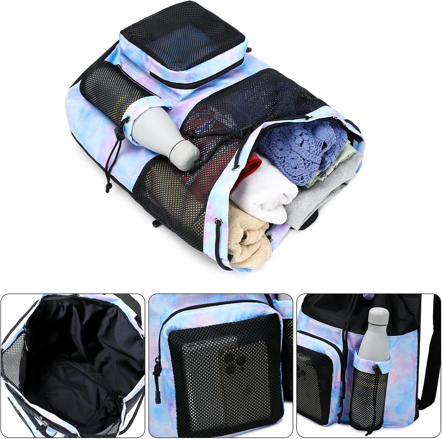 Lohol Large Mesh Drawstring Backpack with Shoe Bag, Durable Swimming String Sack with Handle for