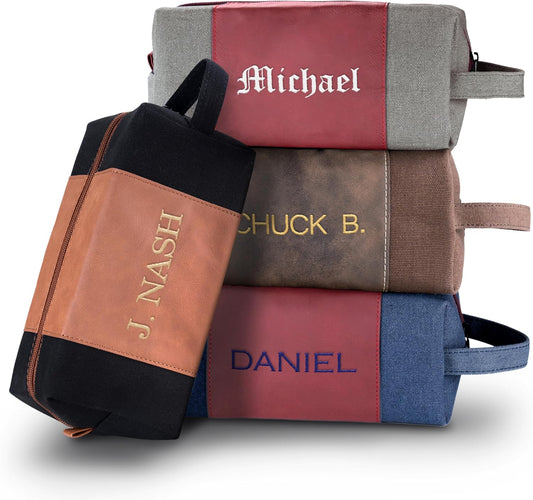 Personalized Gifts for Men - Embroidered Custom Toiletry Bags for Men, 4 Canvas & Leatherette Colors & 10 Thread Colors - Groomsmen Gifts