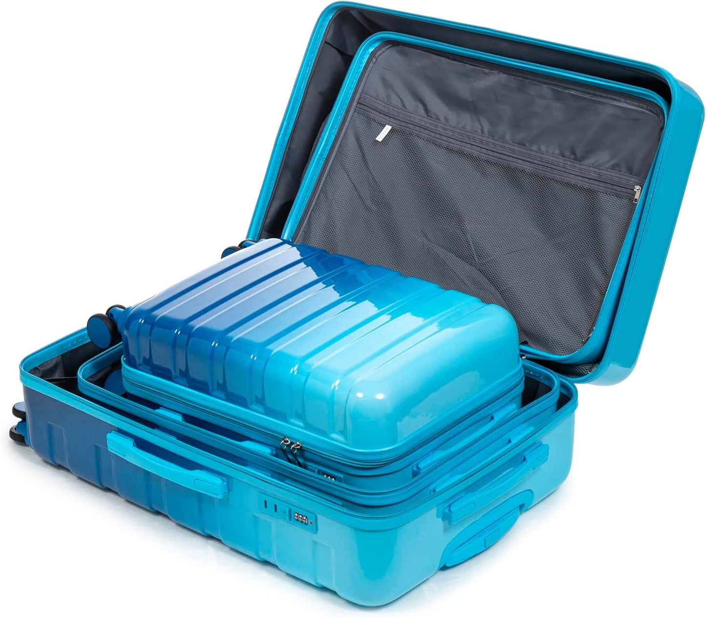 Campfun 3 Piece Luggage Sets, PC Gradient Color Suitcase Set with Double Spinner Wheels Hang Hook, Durable Carry On Luggage with Combination Lock, 20/24/28 inch, Light Blue+Navy