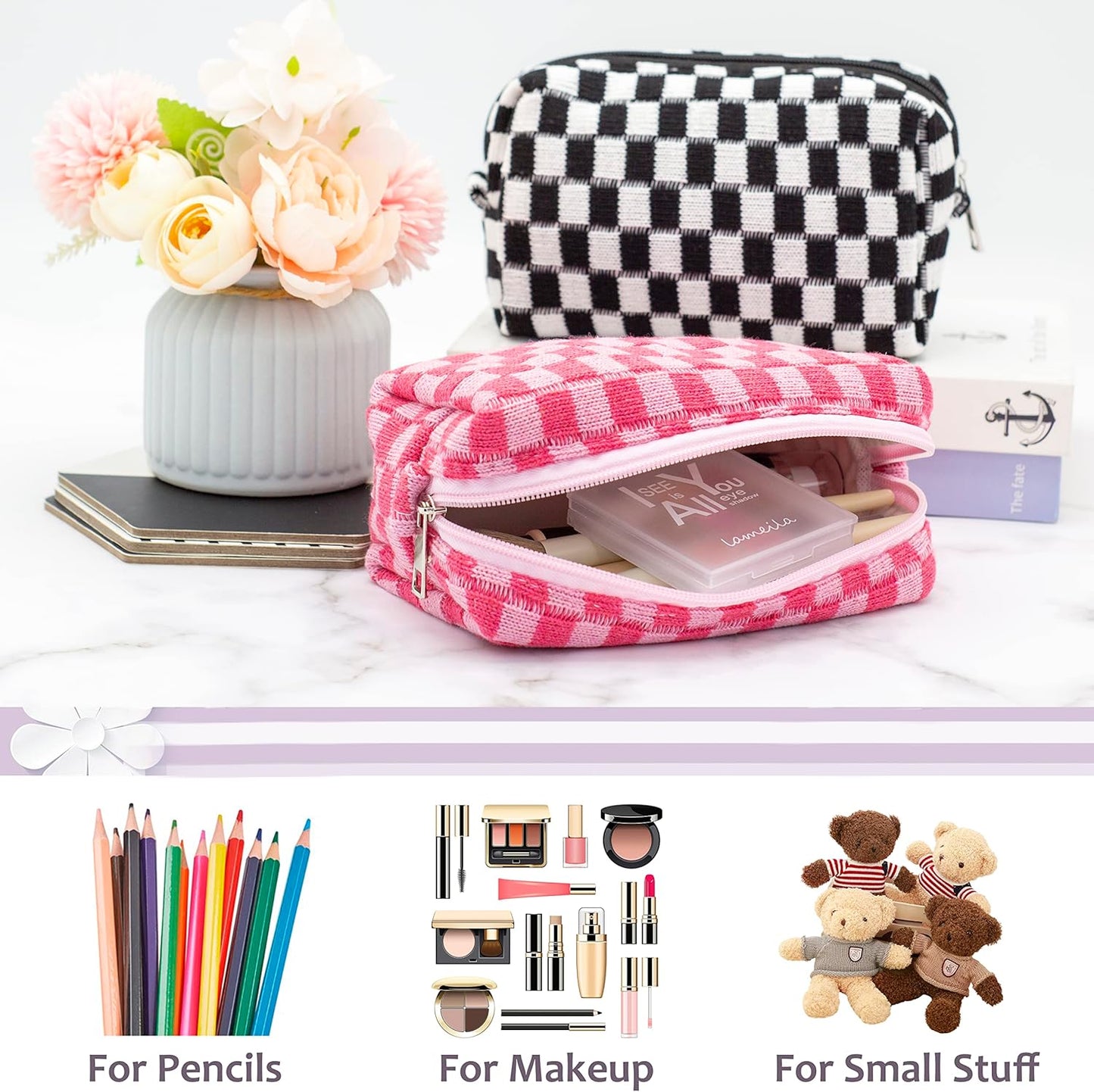 PAZIMIIK Checkered Makeup Bag for Purse Portable Zipper Make Up Pouch Small Cosmetic Case for