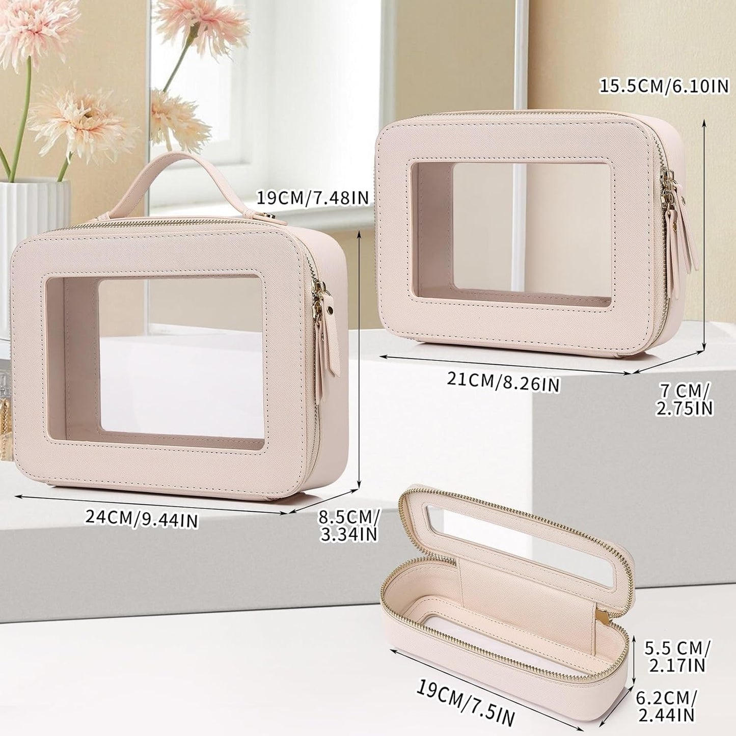Travel Makeup Set Waterproof Transparent Cosmetic Bag and Toiletry Bag Makeup Brush case with Zipper Car Essentials for Women (Beige, L+M+SLIM)