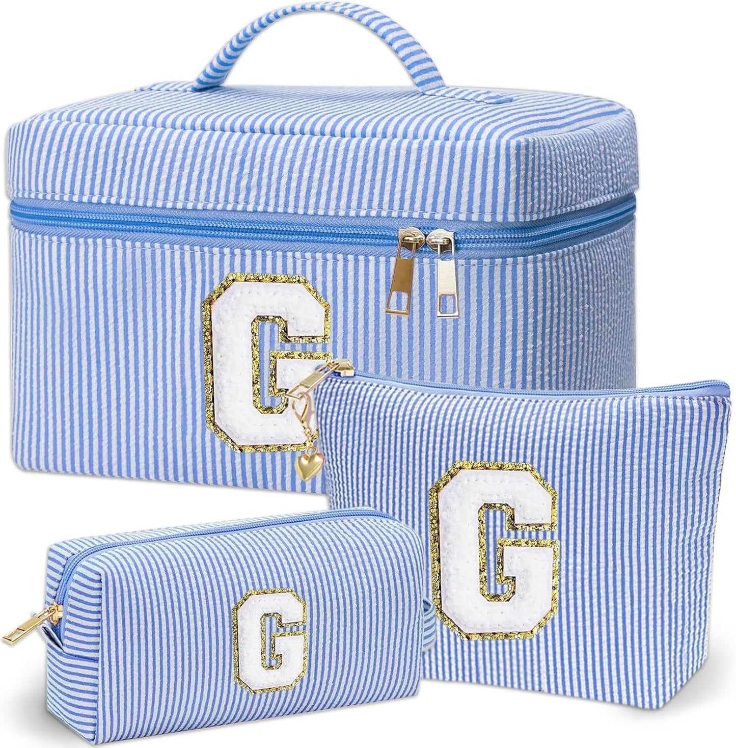 Personalized Monogram Makeup Bag, 3PCS Custom Monogrammed Toiletry Cosmetic Bag for 6-18 Teen Girls Women,Birthday Graduation Gifts Initial Pouch Makeup Bags for Women Girls, Make Up Bag (G, Blue)