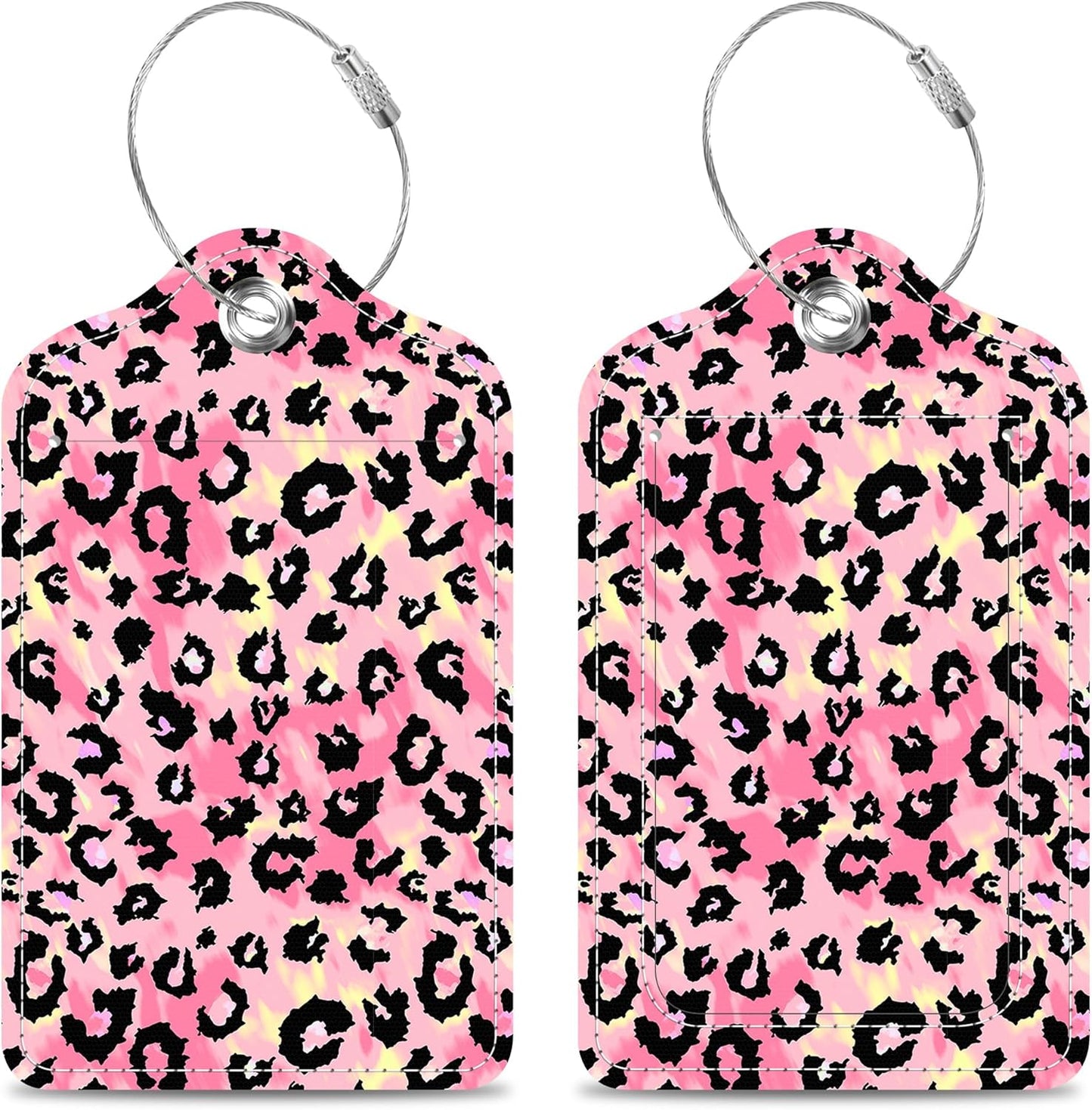 Luggage Tags for Suitcase Leopard Skin with Tie Dye Gradient 2 PCS Leather Travel Cruise Luggage Tag with Stainless Steel Loop Name ID Label Privacy Cover for Women Men Travel Bag Labels Set