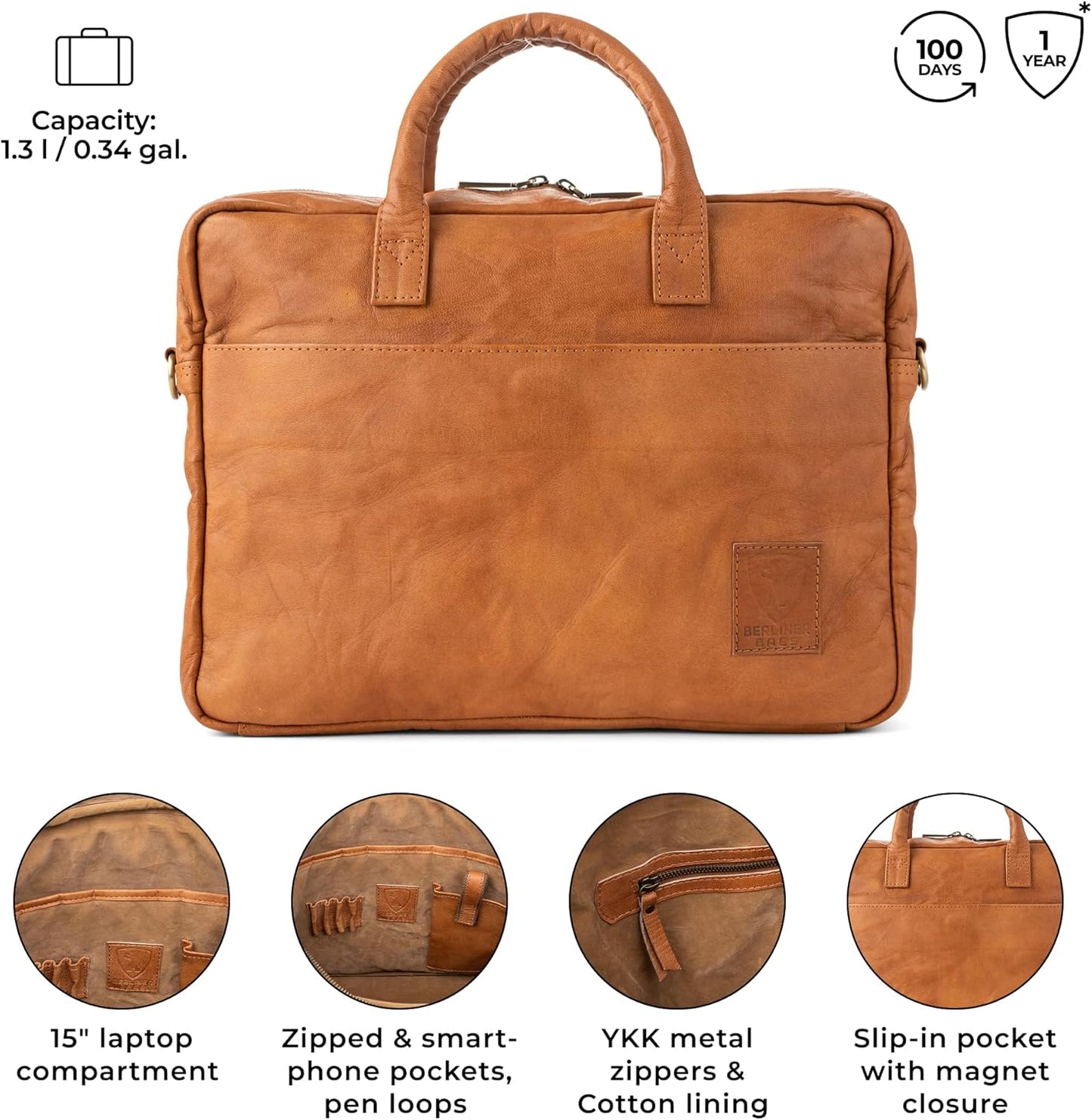 BERLINER BAGS Vintage Genuine Leather Laptop Bag Madrid, Work Bag, Briefcase for Men and Women