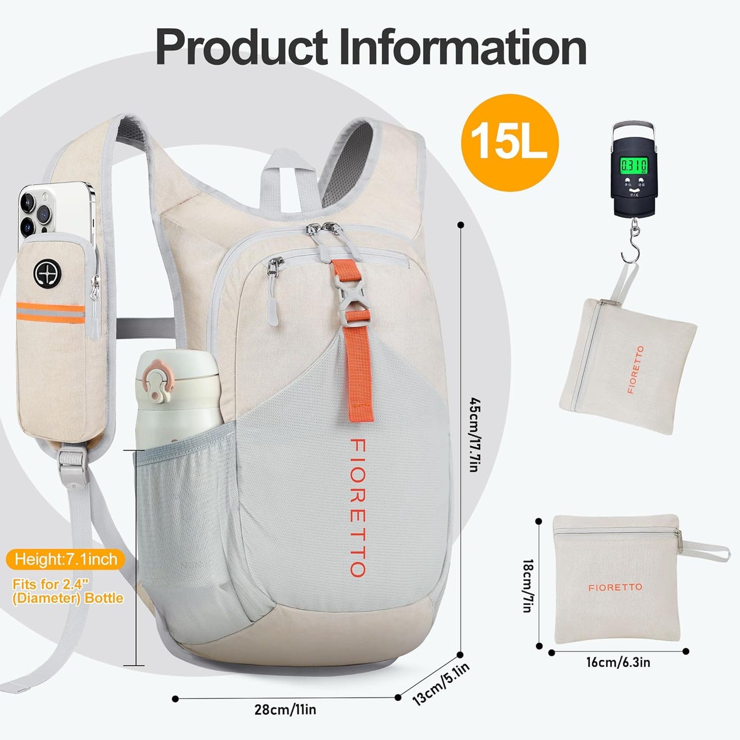 FIORETTO 15L Hiking Backpack for Women Men Mini Packable Backpack Lightweight Small Daypack for Camping Travel Outdoor, Beige