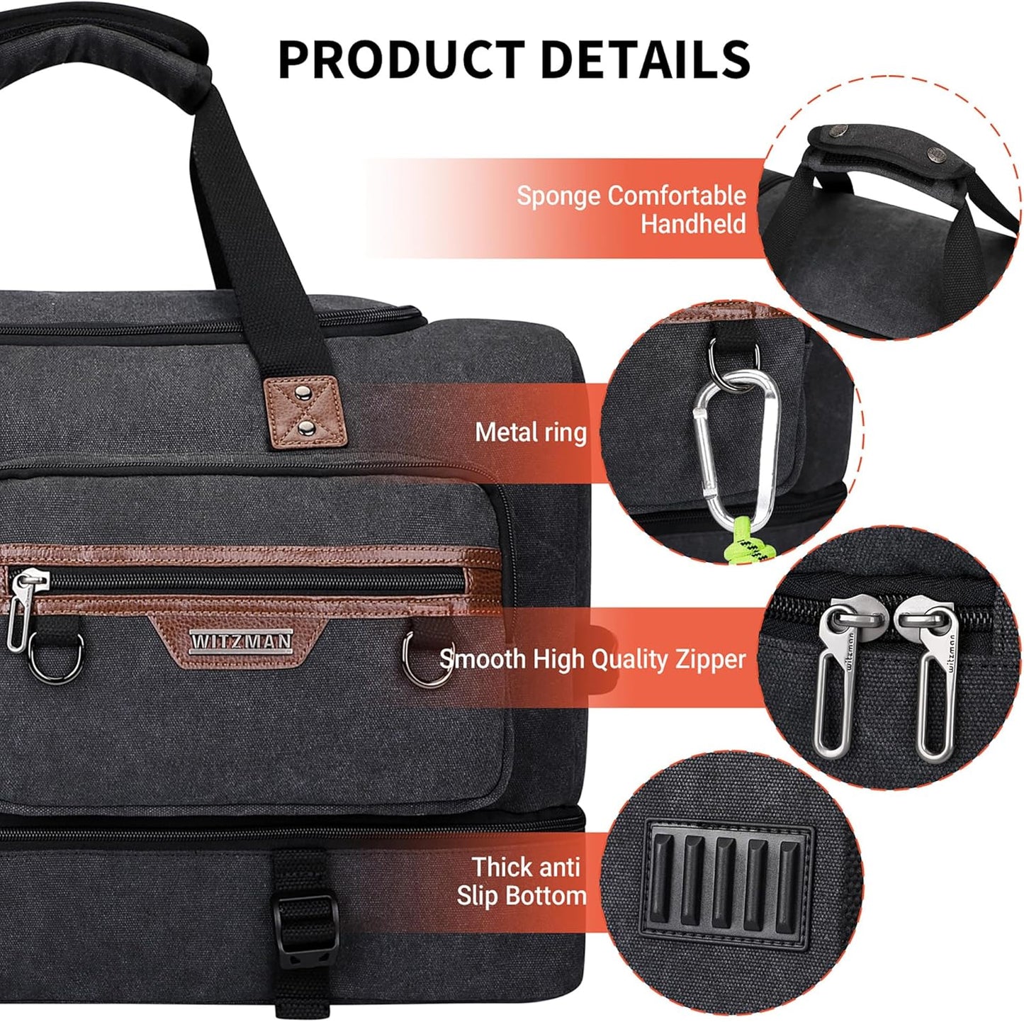 WITZMAN Canvas Weekender Bag Mens Overnight Bag for Traveling Carry on Duffle Bags with Shoes Compartment（A8010 Classic Black）
