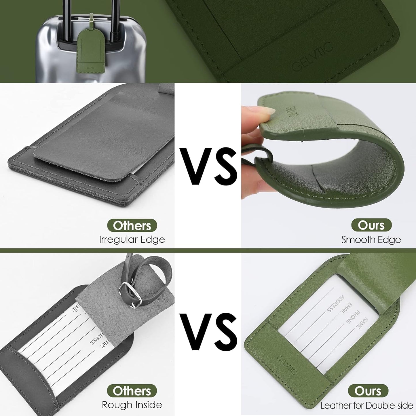 Faux Leather Luggage Tags for Suitcase Tag Set Privacy Protection with Identifie Name Lable ID Card Baggage tag for Men Women Travel Accessories, 2/4 Pack (LT06-Green)