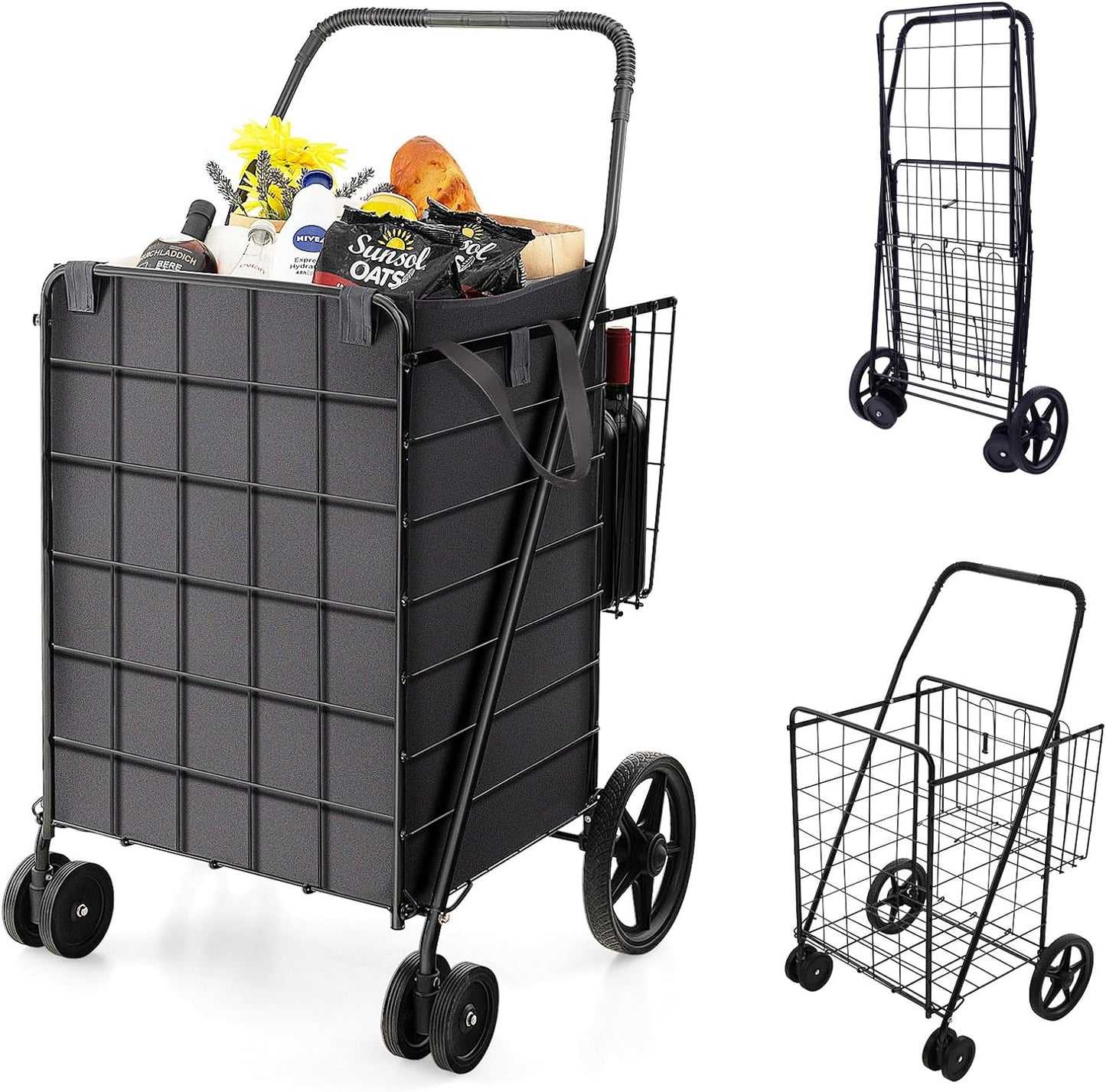 Goplus Folding Shopping Cart for Groceries, Upgraded Jumbo Grocery Cart with Waterproof Liner, 32 Gallon Capacity, 360° Rolling Swivel Wheels and Double Basket, Heavy Duty Foldable Utility Cart