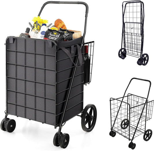 Goplus Folding Shopping Cart for Groceries, Upgraded Jumbo Grocery Cart with Waterproof Liner, 32 Gallon Capacity, 360° Rolling Swivel Wheels and Double Basket, Heavy Duty Foldable Utility Cart