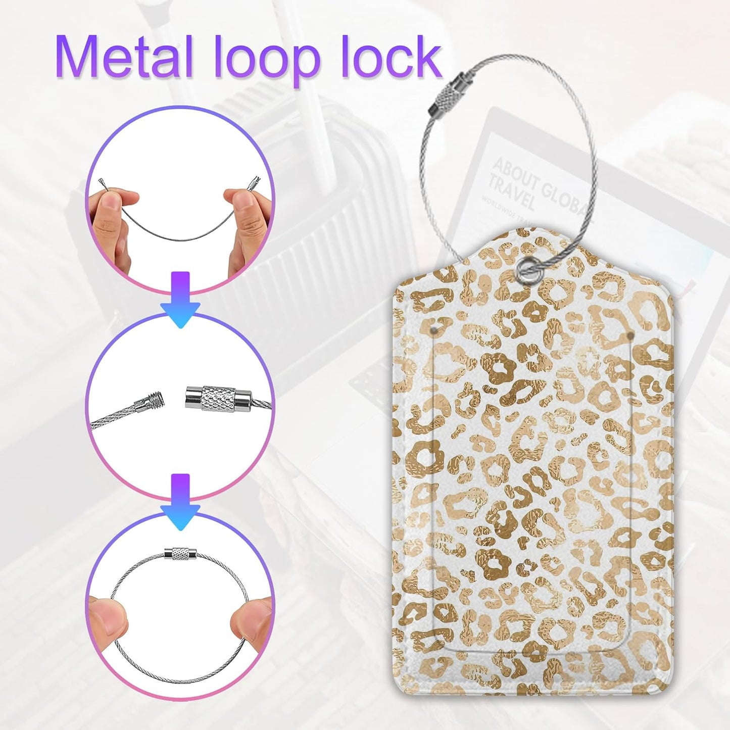 Luggage Tag for Suitcase,White Leopard Print Unique Travel Tags with Privacy Cover ID Label & Stainless Steel Loop for Men Women