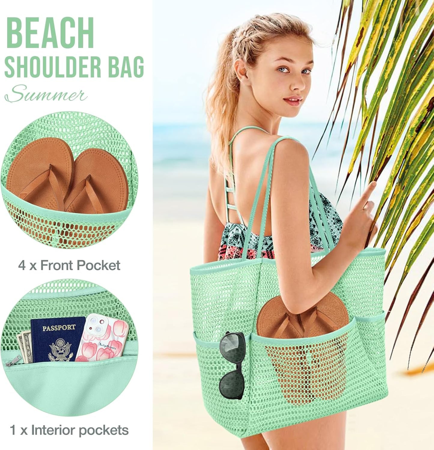 KPX Beach Bag with Mini Pocket, Beach Tote Bags for Women Large Foldable Mesh Swimming Pool Travel Bags - Sandproof