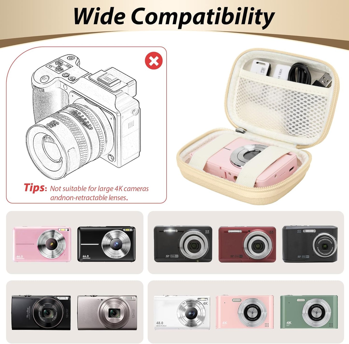 Digital Camera Case for CAMKORY, KODAK PIXPRO FZ45/FZ55, Canon IXUS 285 HS, Lecran, Small Travel Compact Camera Holder with Mesh Pocket for Accessories SD Card (Light Khaki)