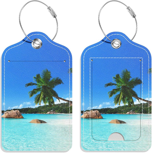 Luggage Tags for Suitcase, 2 Pack PU Leather Travel Cruise Luggage Tag with Privacy Flap, Name ID Label and Metal Loop for Women Men Girls Suitcase Baggage Bag Backpack Instrument, Happy Beach