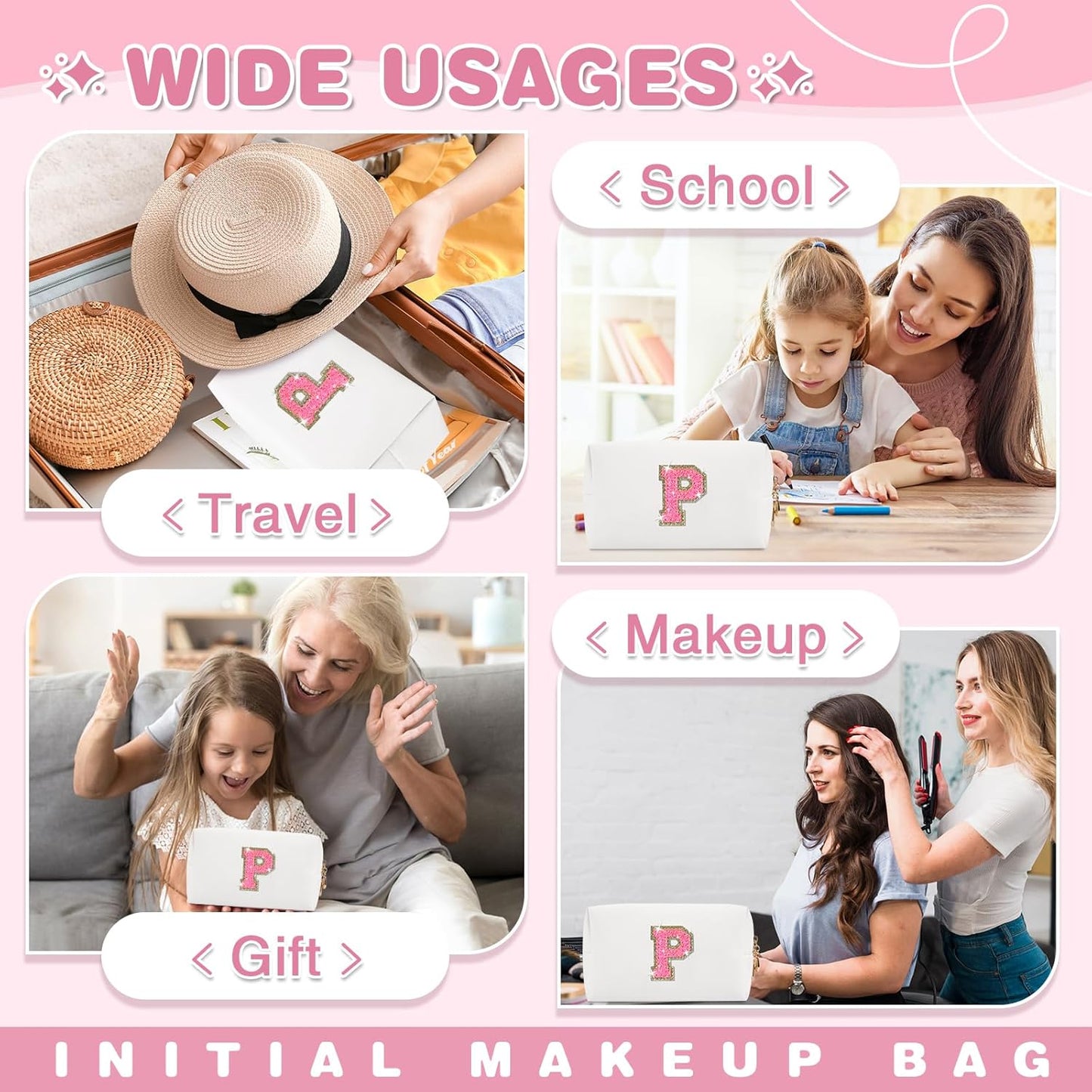 Small Personalized Initial A-Z Patch Makeup Bag,White Cute PU Leather Glitter Letter Cosmetic Bag for Teen Girls,Travel Toiletry Bag with Zipper,Preppy Monogrammed Birthday Gift for Daughter Niece P