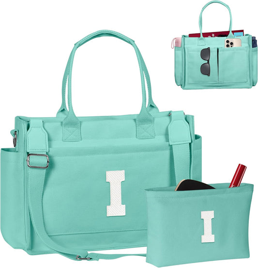 Gifts for Women Teen Girls, Initial Tote Bag with Zipper, Letter Canvas Tote Purse for College Work Laptop Beach