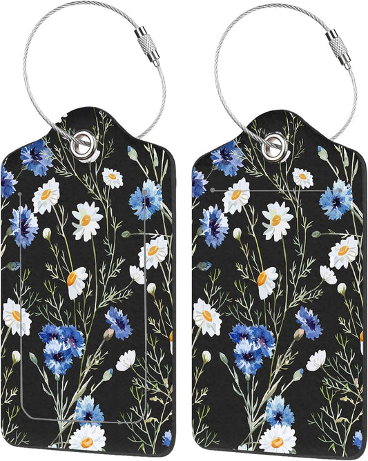 2 Pack Luggage Tags for Suitcases,Watercolor Daisy Luggage Tag,PU Leather Id Label Luggage Tags with Stainless Steel Loop and Privacy Cover for Women Men Teens Travel