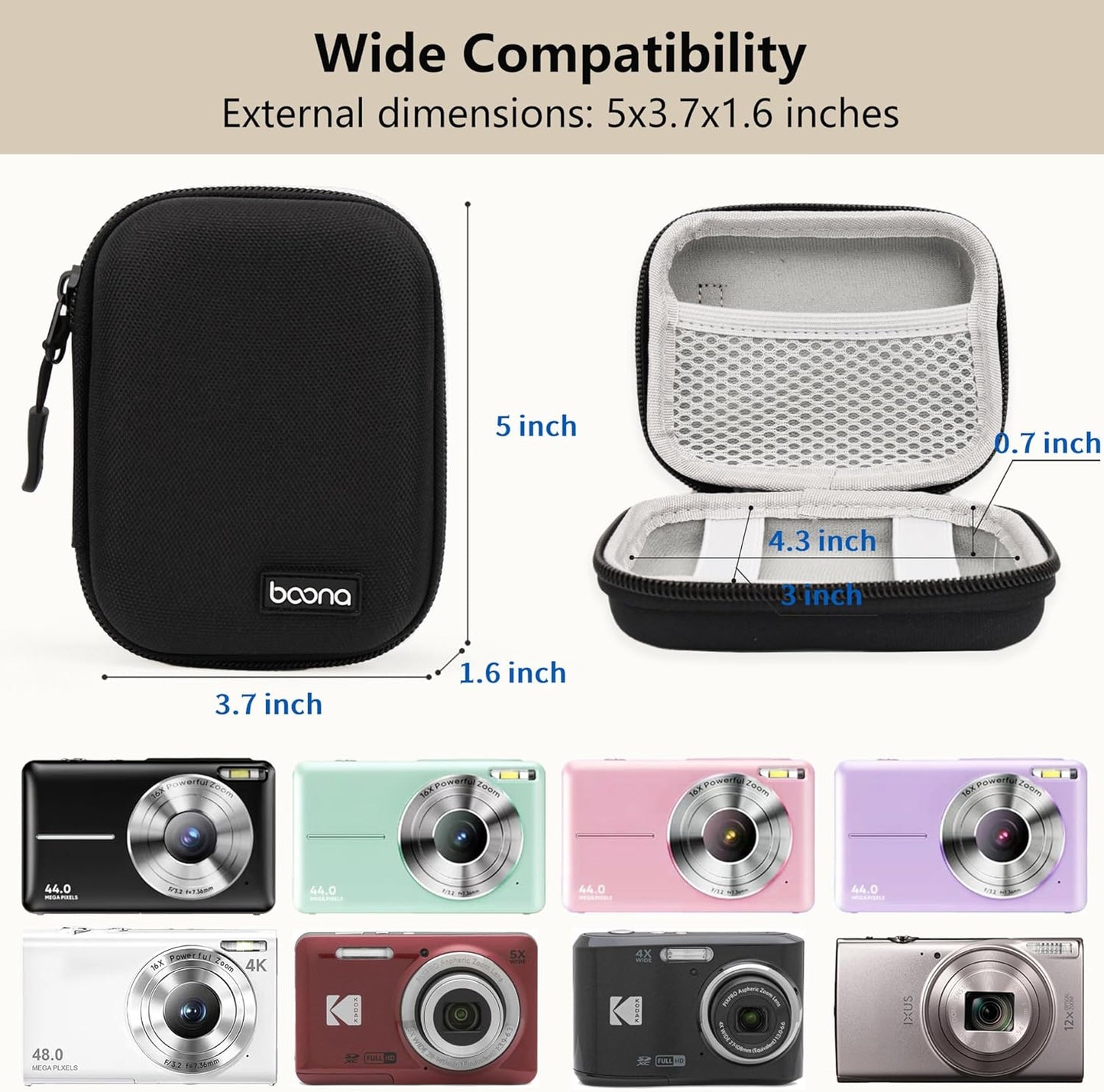 Digital Camera Case for CAMKORY, KODAK PIXPRO FZ45/FZ55, Canon IXUS 285 HS, Lecran, Small Travel Compact Camera Holder with Mesh Pocket for Accessories SD Card (Black-Oxford)
