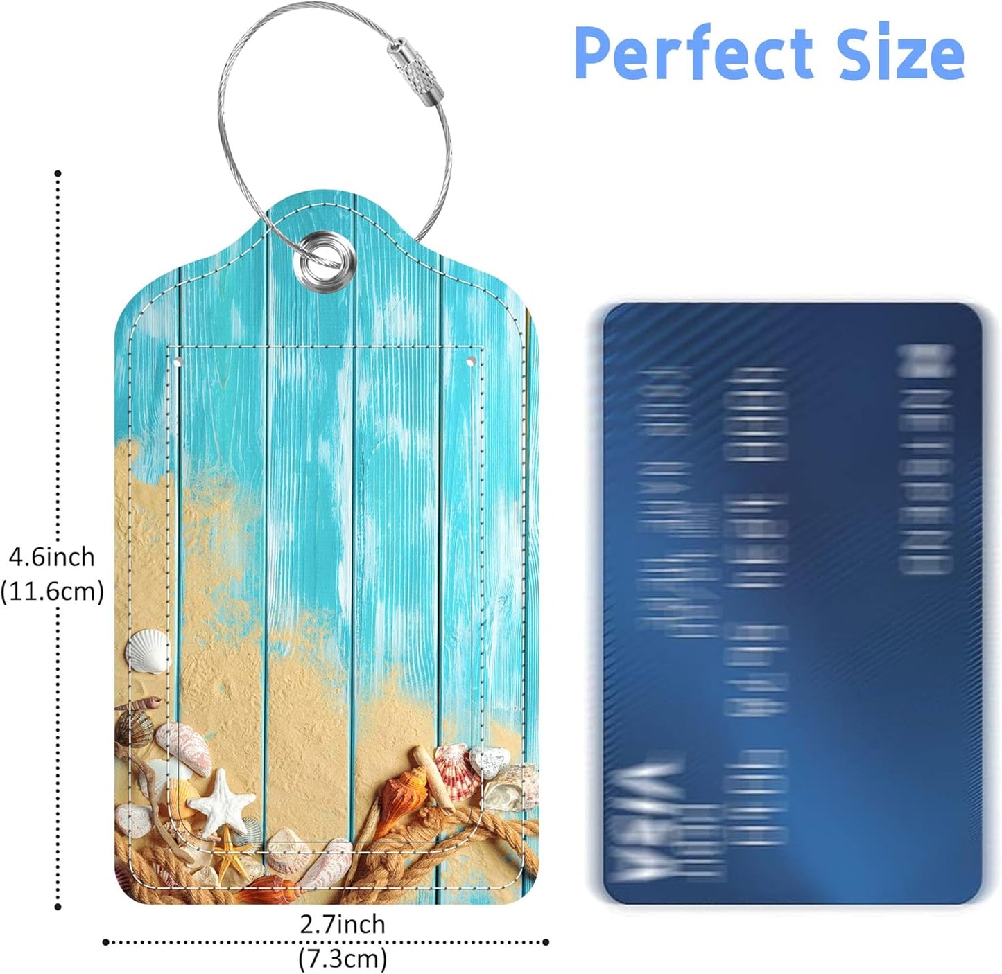 Luggage Tags for Suitcase Rope Shells Sea Sand on Blue Wooden 2 PCS Leather Travel Cruise Luggage Tag with Stainless Steel Loop Name ID Label Privacy Cover for Women Men Travel Bag Labels Set
