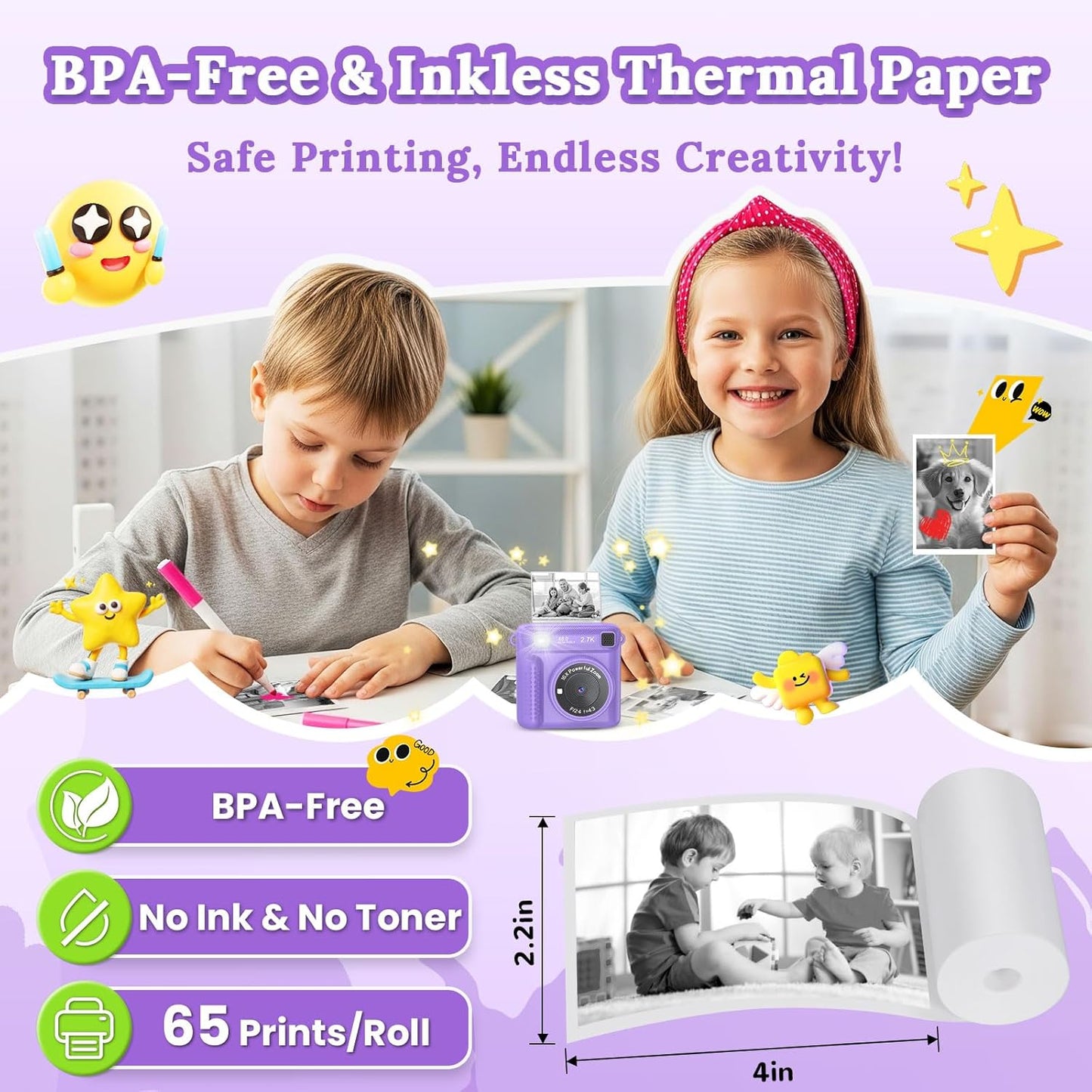 Kids Camera Instant Print, HD Digital Video Recorder with 32GB SD Card, Gifts for 3-12 Year Old Girls and Boys, Portable Toy for Toddlers and Kids - Purple
