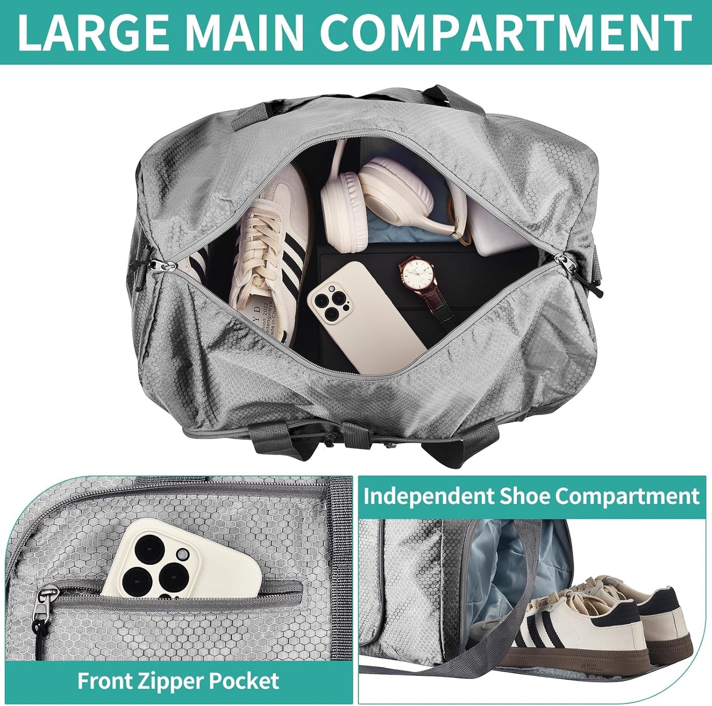 Dimayar Travel Duffle Bag for Men Women - Foldable Duffel Bag with Shoes Compartment - Overnight Bags Waterproof & Tear Resistant(40L,Space Gray)