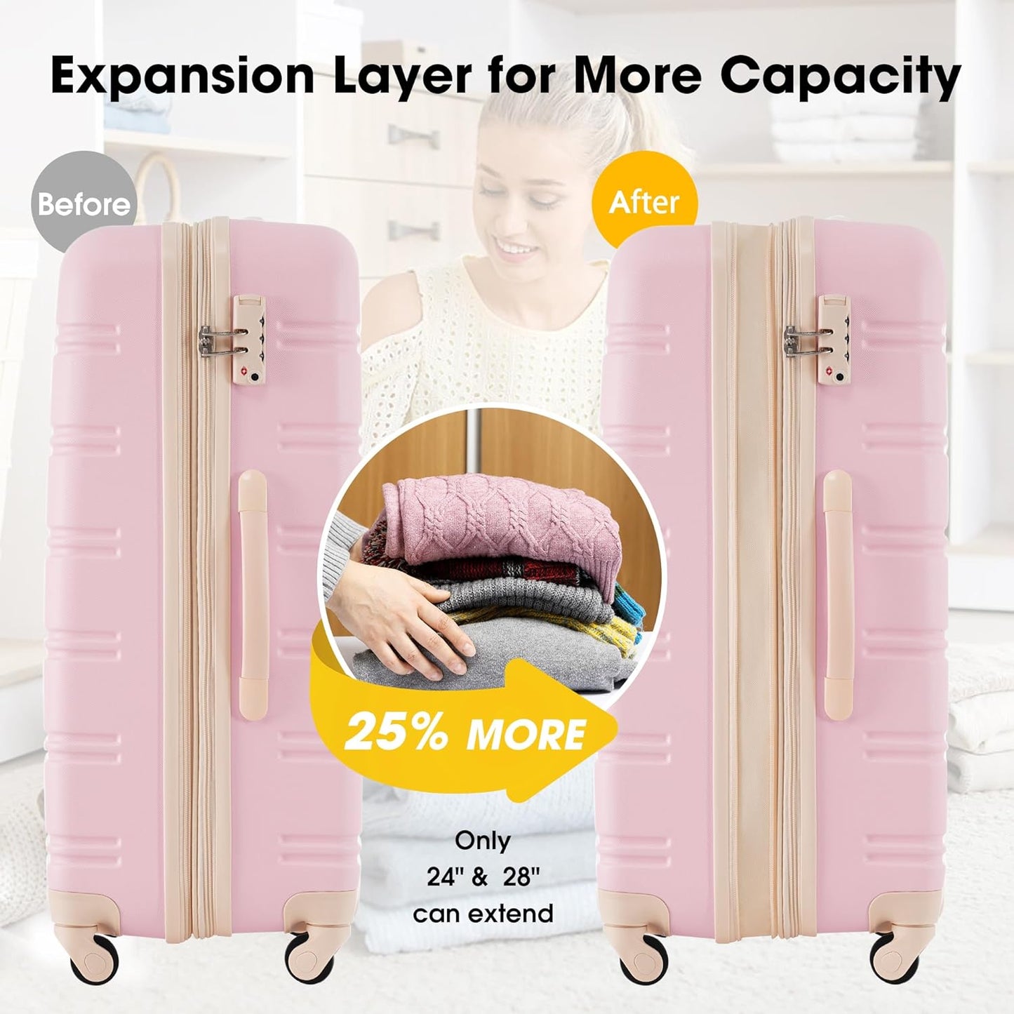 Merax Luggage Sets of 3 Piece Carry on Suitcase Airline Approved,Hard Case Expandable Spinner Wheels(White Pink)