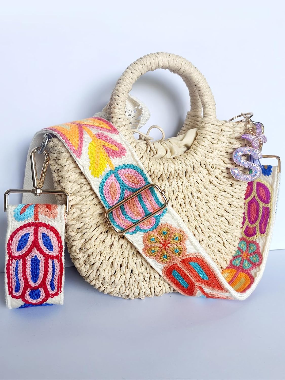 Embroidery Flower Purse Strap Replacement Crossbody 2 Inch Wide with Letter S Keychain for Women's Handbags