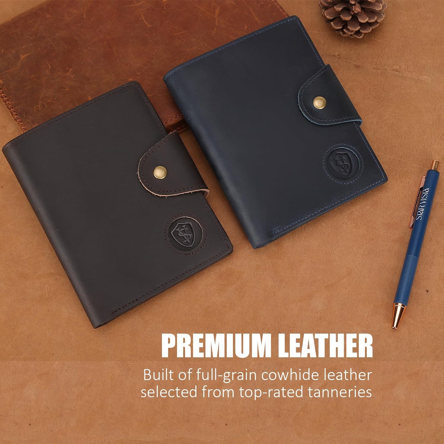 STAR VISTA Carmen Leather Passport Wallet, Dual Bifold Cash Pockets, RFID Blocking, ID Window, 6 Card Slots, Coin Pocket, SIM Slots, AirTag Slots, Dark Brown