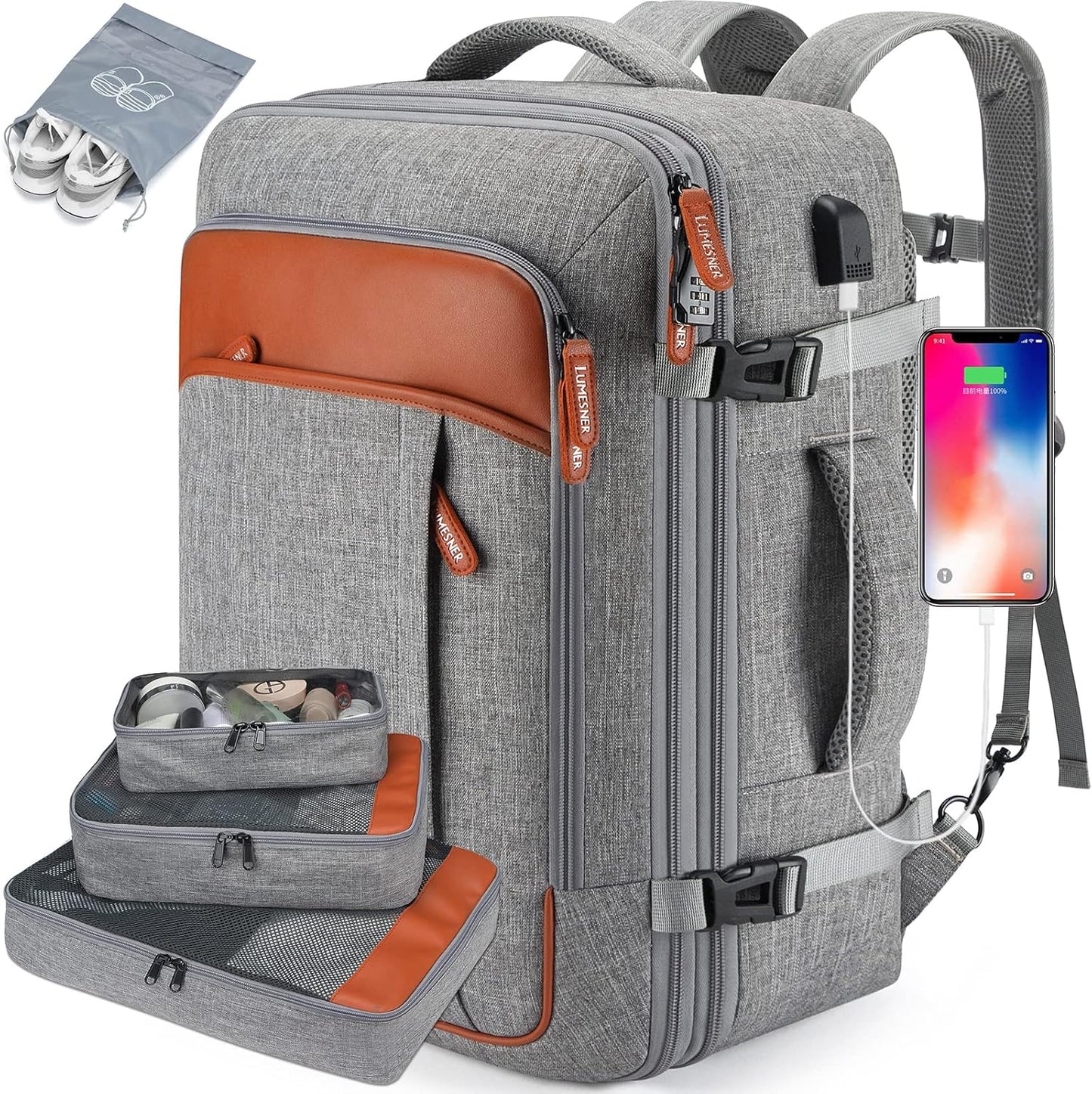 Lumesner Carry on Travel Backpacks, Extra Large 40L Flight Approved for Men & Women,Expandable Suitcase backpack (Grey (Backpack With 4 Packing Cubes))