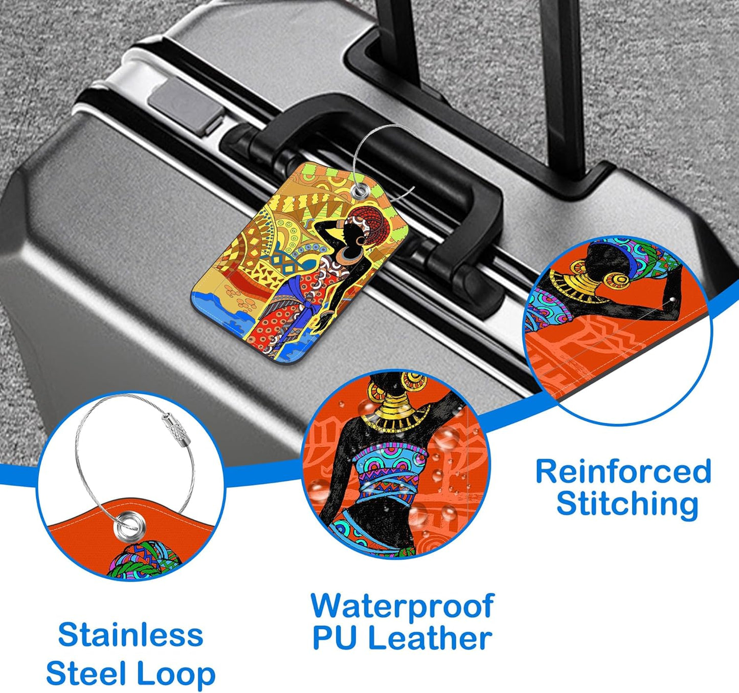 2 Pcs Luggage Tags for Suitcases, Beautiful African Woman Leather Bag Tags for Luggage Privacy Cover Name ID Label with Stainless Steel Loop Cruise Airport Travel Essentials