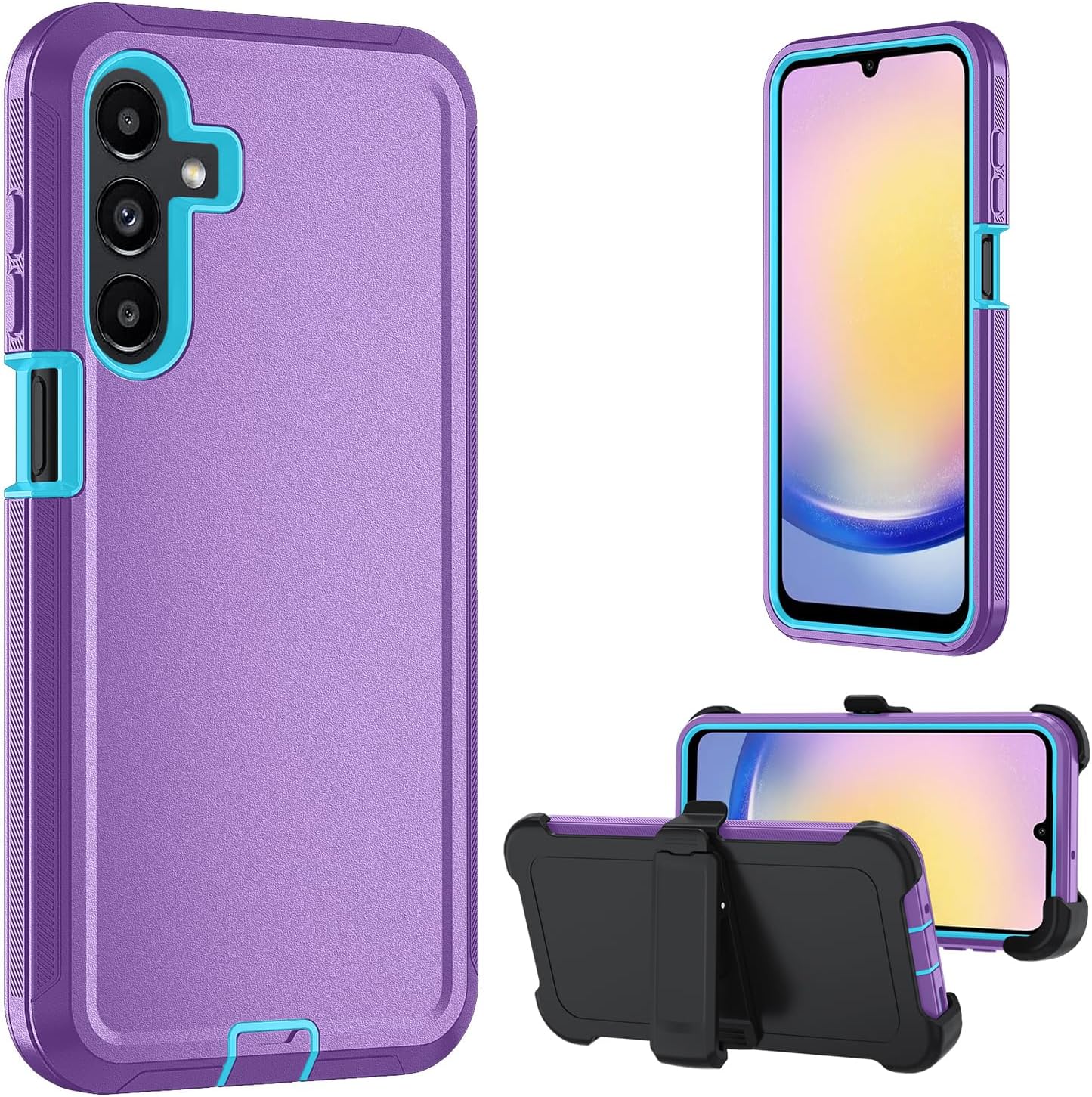 FOR Samsung Galaxy A17 5G case,A16 5G Heavy Duty case,with A Tempered Glass Screen Protector, [Military Grade Protective ] [Shockproof] [Dropproof] [Dust-Proof] (with Belt Clip-Purple Sky Blue)