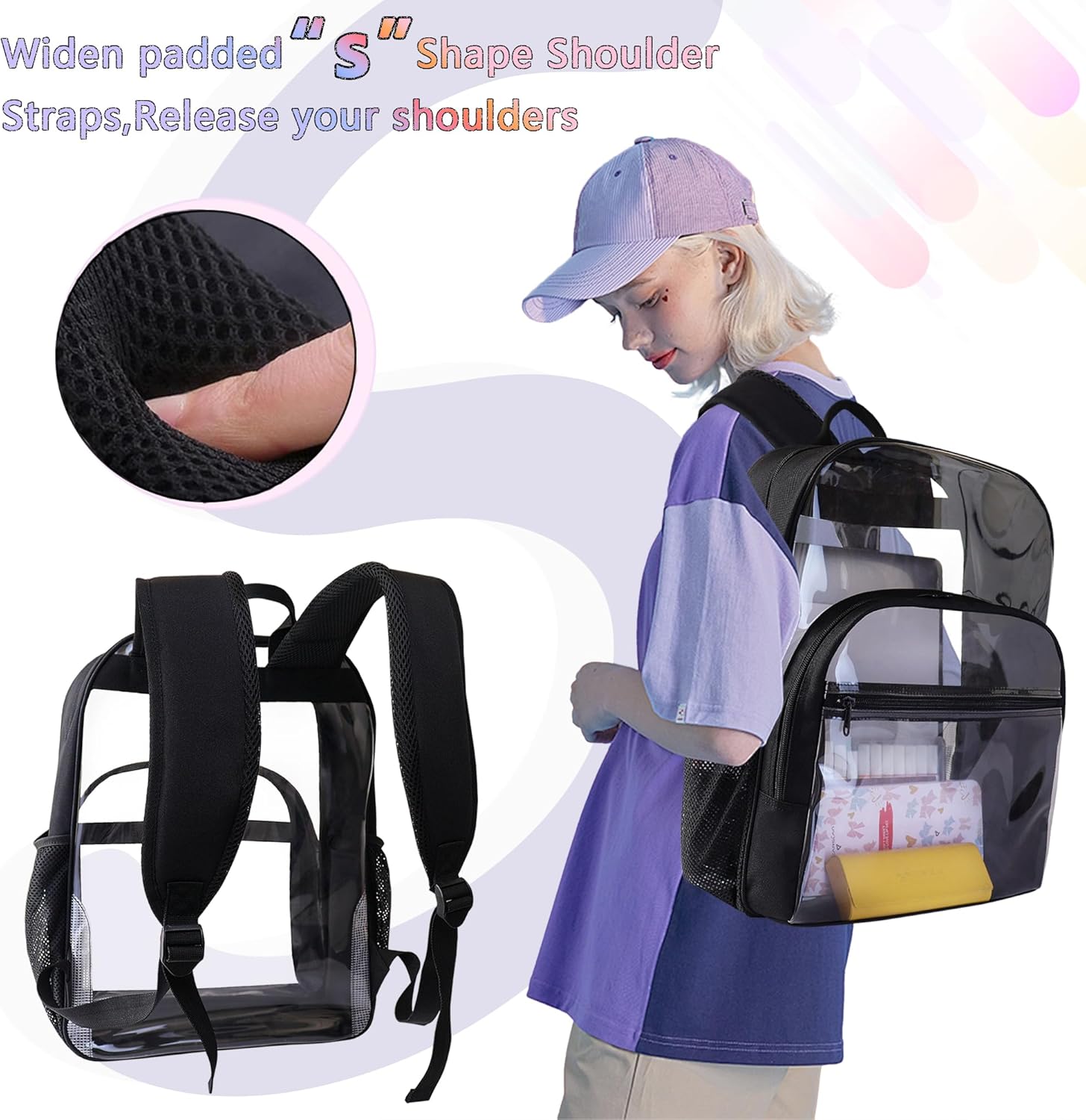 Clear Backpack for School, Heavy Duty Transparent Backpack with 0.6 mm PVC Bookbag 18 inch Clear