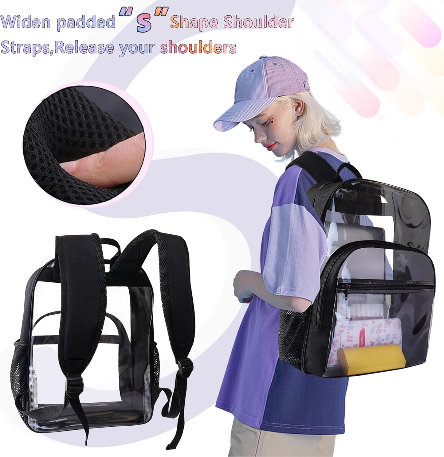 Clear Backpack for School, Heavy Duty Transparent Backpack with 0.6 mm PVC Bookbag 18 inch Clear Bags, Pink