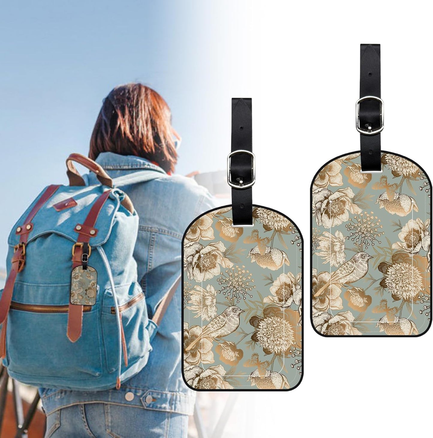 2 Pack Luggage Tags Vintage Gold Floral PU Leather Baggage Handbag Suitcase Tags with Secure Strap Privacy Cover ID Labels,Business Travel Baggage Tag Identifier
