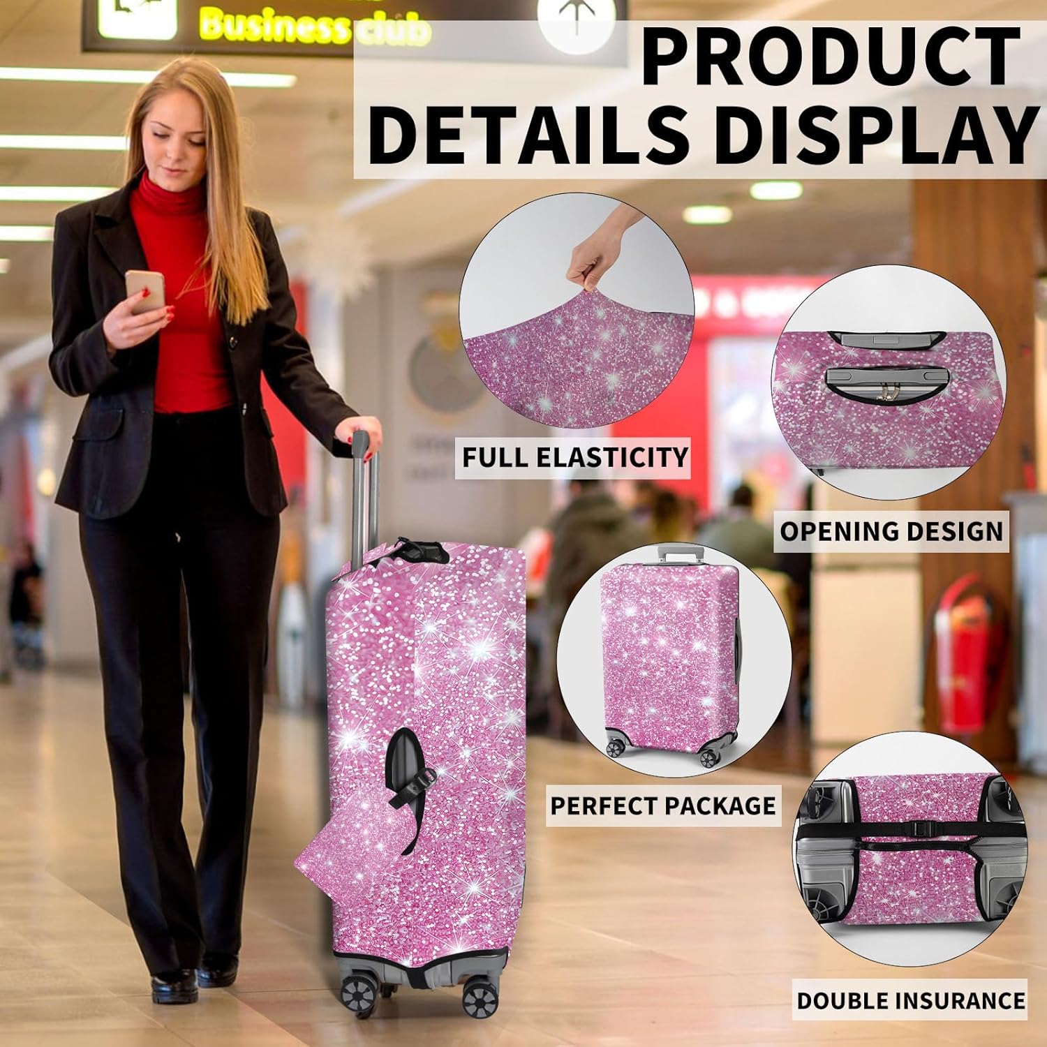 Travel Luggage Cover,Pink Glitter Theme Suitcase Cover Accessory Kit, Luggage Tag, and Comfortable