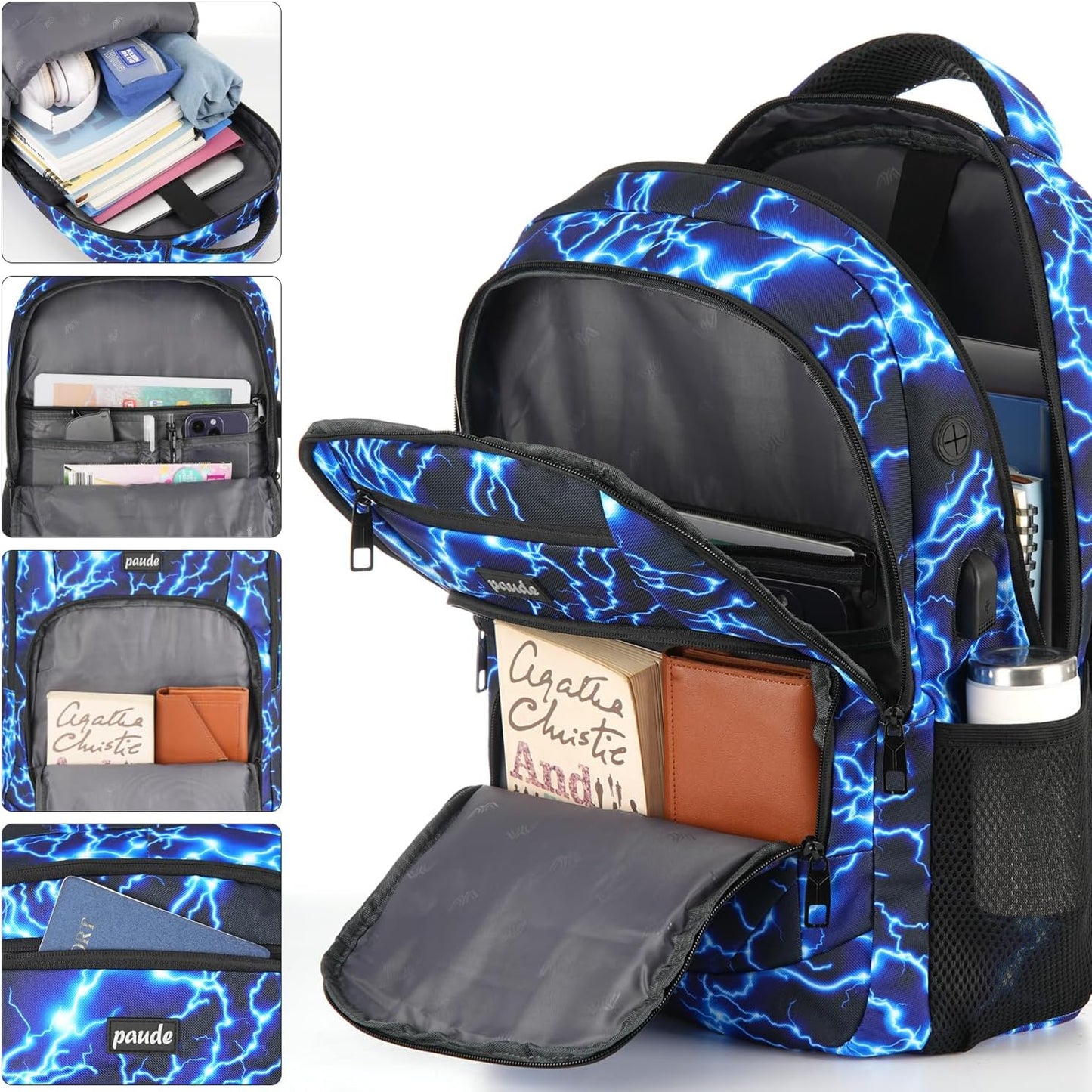 Paude Backpack for Men,15.6 Inch College Backpack School Bookbag for Teens,Laptop Bookbag with USB Port and Headphone Hole