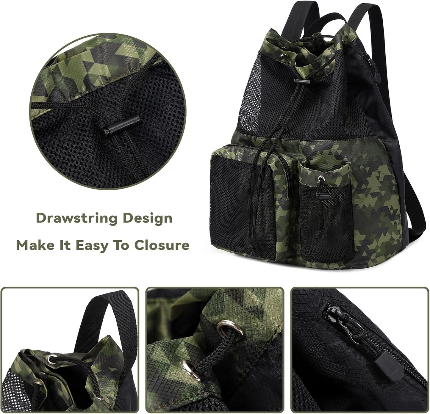 Lohol Large Mesh Drawstring Backpack with Shoe Bag, Durable Swimming String Sack with Handle for Sports Gym Yoga Beach Travel