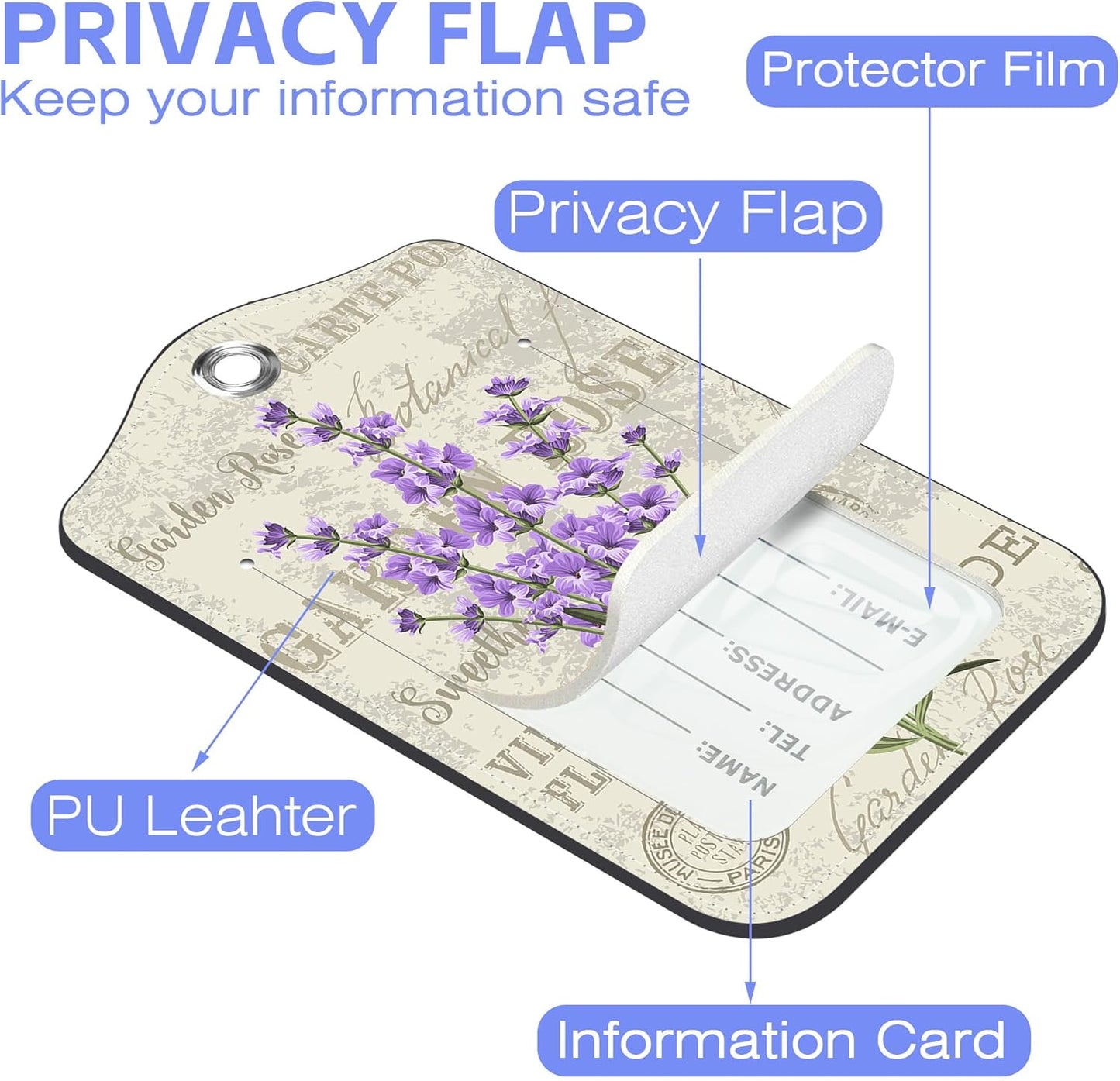 2 Pack PU Leather Luggage Tag for Suitcase Purple Lavender Suitcase Tags with Privacy Name ID Label and Stainless Steel Loop for Travel Bag
