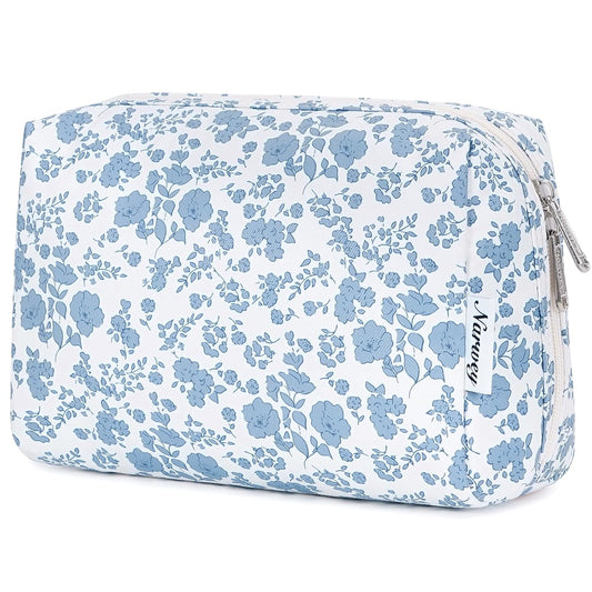 Narwey Cute Floral Makeup Bag Travel Cosmetic Bag Organizer Toiletry Bag Make Up Bags with Organized Pocket for Women Girls (Large, Little Blue Flower)