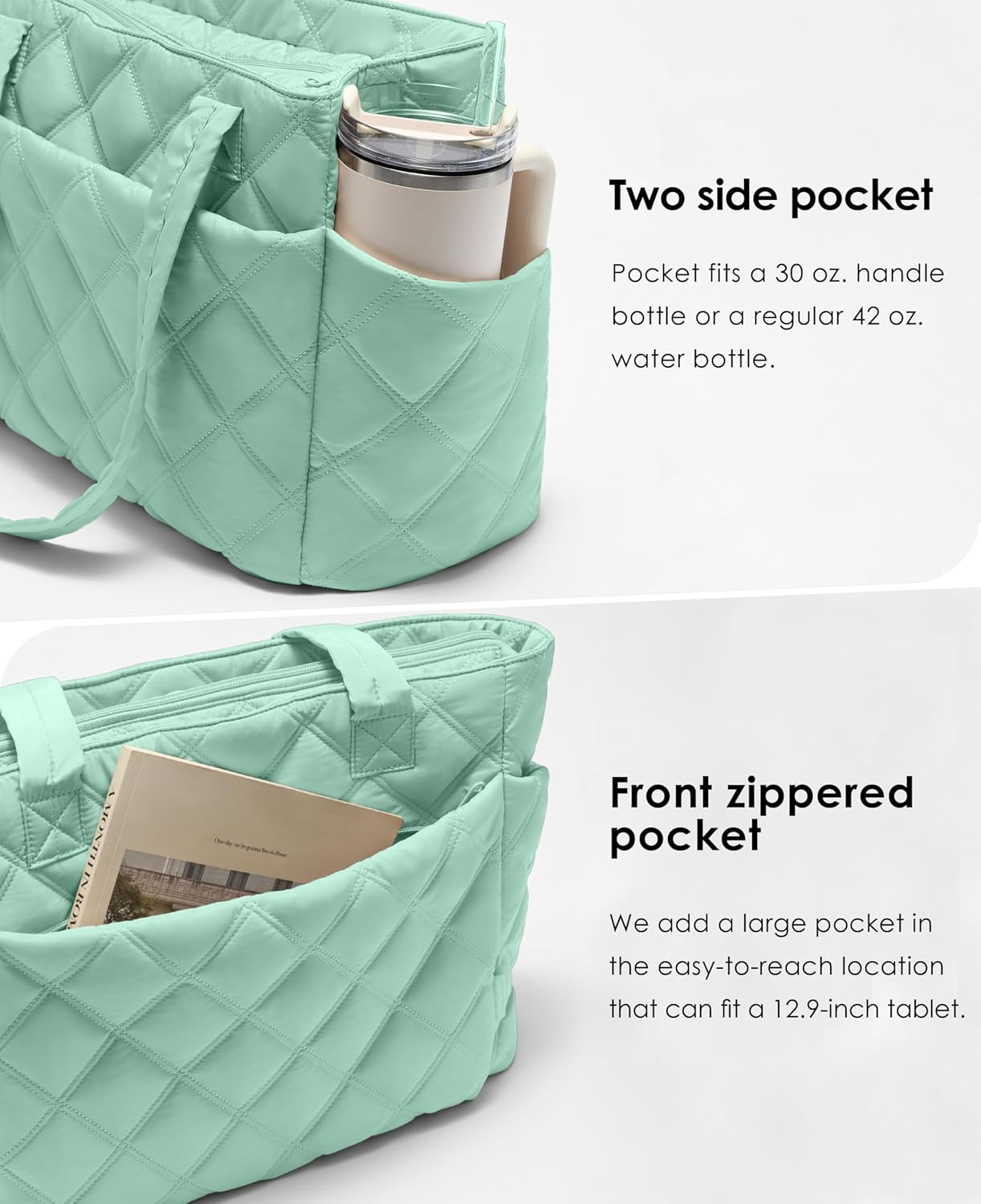Tote Bag for Women, Lightweight Puffer Tote Work Bags with Compartments for Travel, Quilted Shoulder Bag with Zipper
