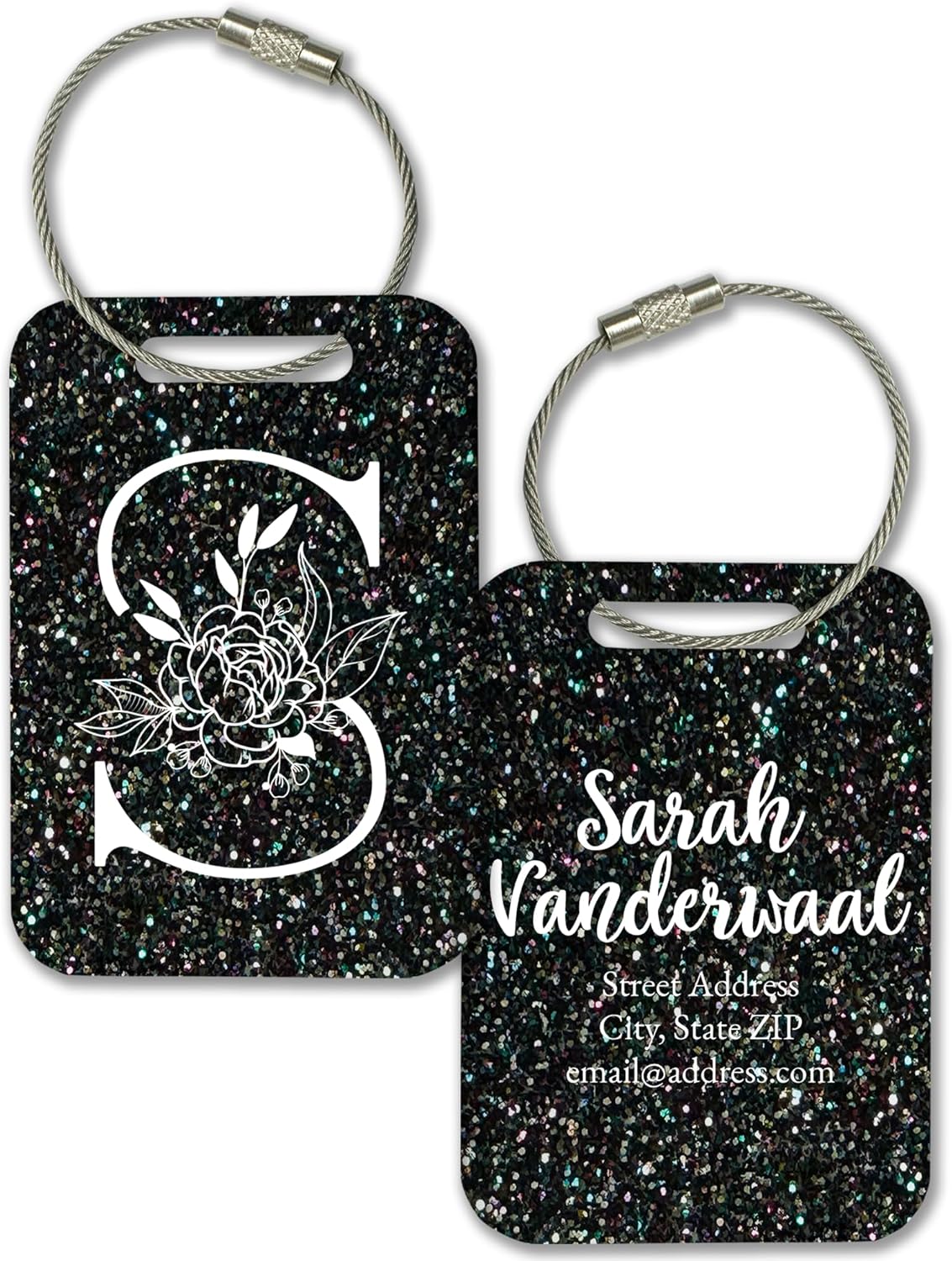 Personalized Monogram Name Tag for Luggage (3 or 6 Count Pack) | Custom Tag for Suitcase | Acrylic Name Tag for Travel | Choose Your Font & Color | Backpack ID Label (Monogram, Galaxy Glitter)