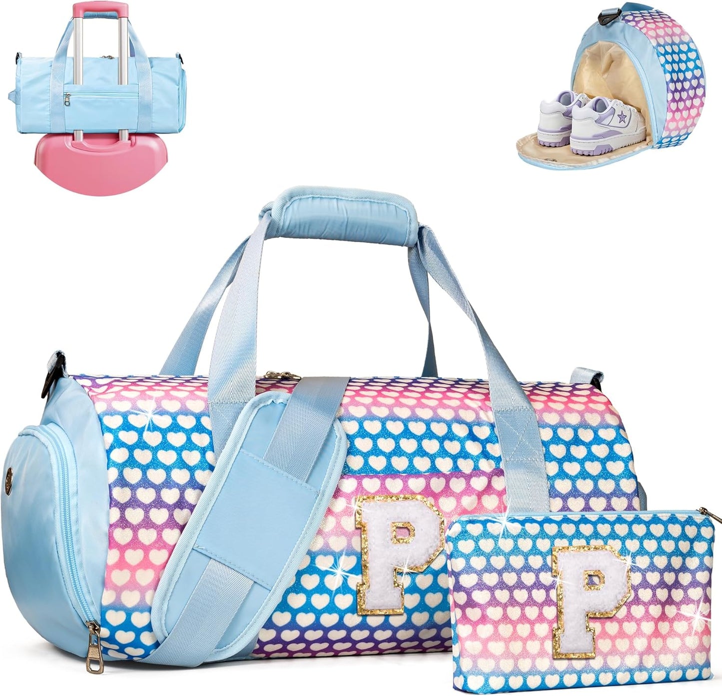 Birthday Gifts for Tween, Girls Travel Duffel Bag, Kids Initial Overnight Bags with Shoe Compartment, Initial Duffle Bag with Makeup Pouch, Teenage Girl Christmas Gift (Letter P)