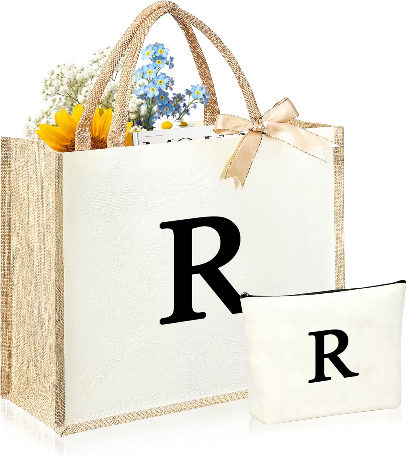Initial Canvas Tote Bag & Makeup Bag for Women Teacher Bridesmaids，Personalized Present for