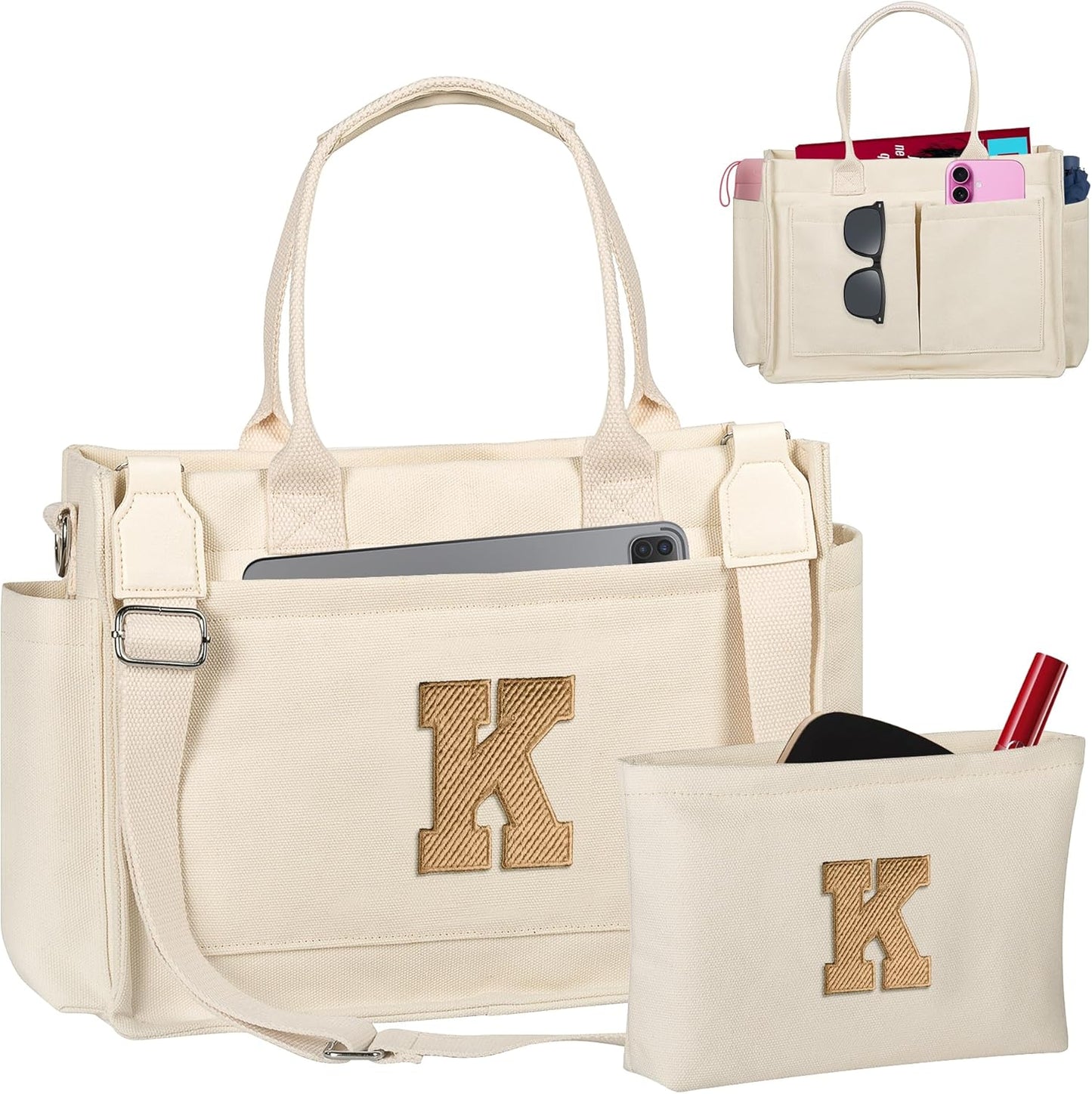 Gifts for Women Teen Girls, Initial Tote Bag with Zipper, Letter Canvas Tote Purse for College Work Laptop Beach