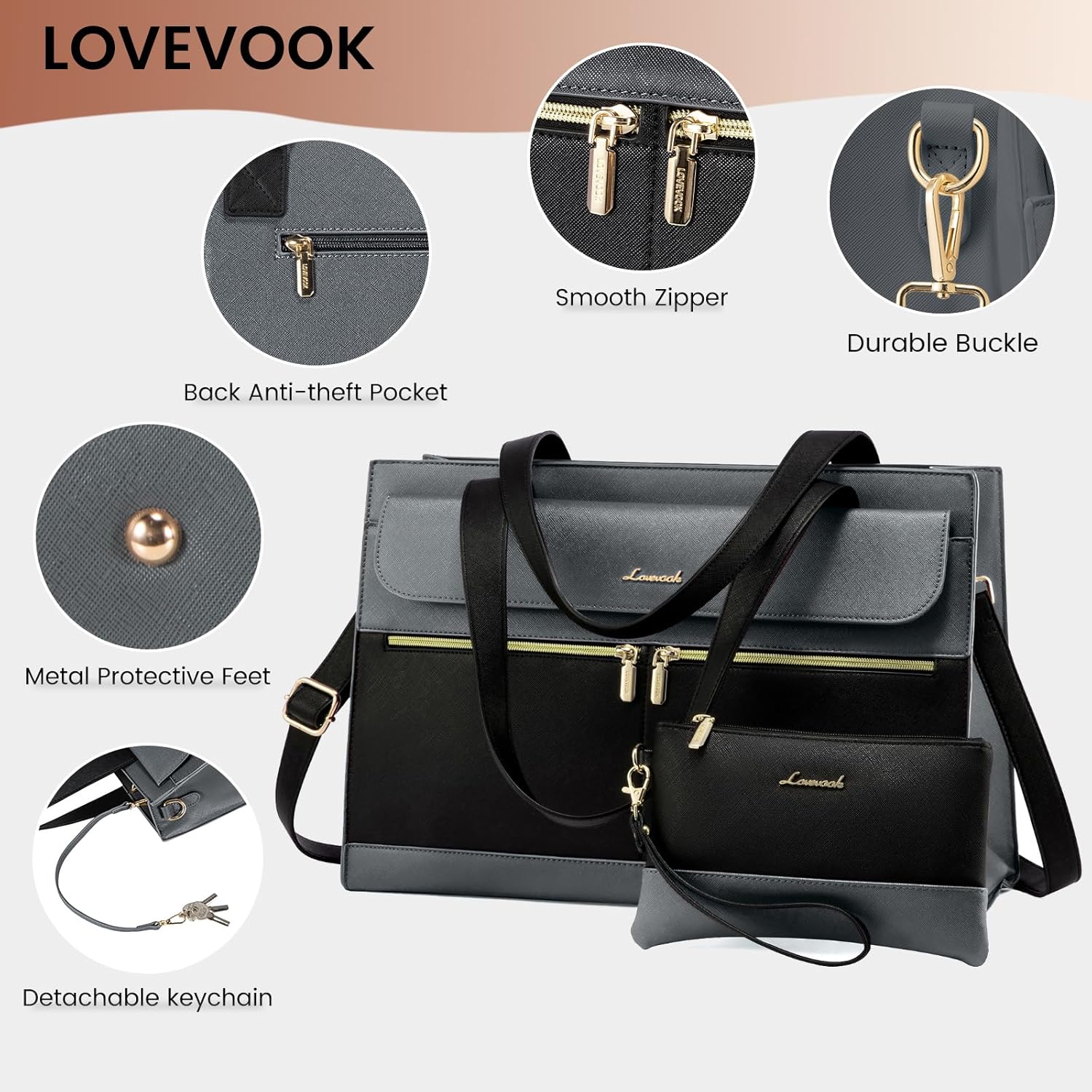 LOVEVOOK Laptop Tote for Women - 15.6 Inch Professional Leather Computer Briefcase - Waterproof