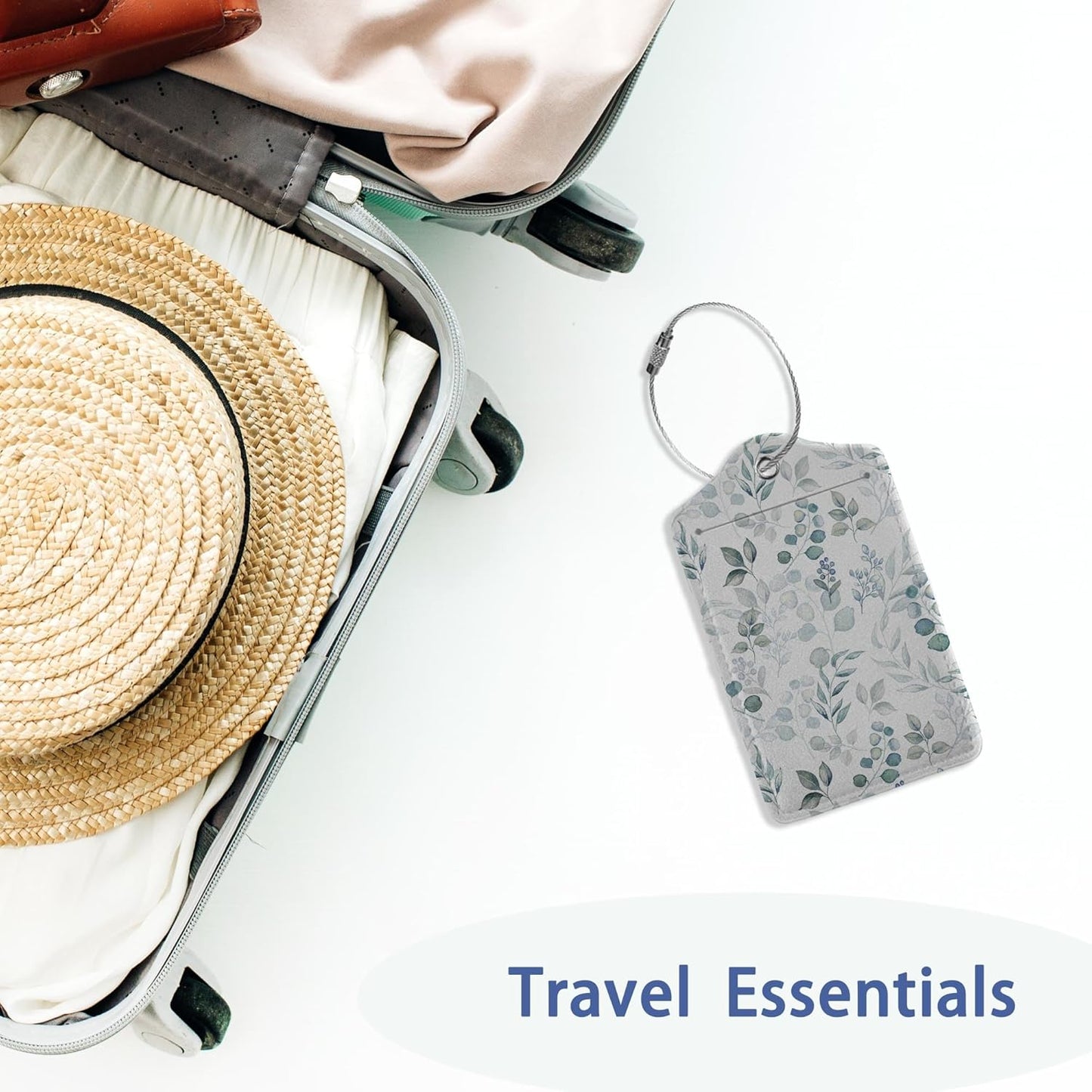 2Pcs Luggage Tag for Suitcase Sage Grey and Green Leaves Cute Suitcase Tag with Privacy Flap & Name ID Label & Metal Loop,Travel Bag Luggage Tags for Women