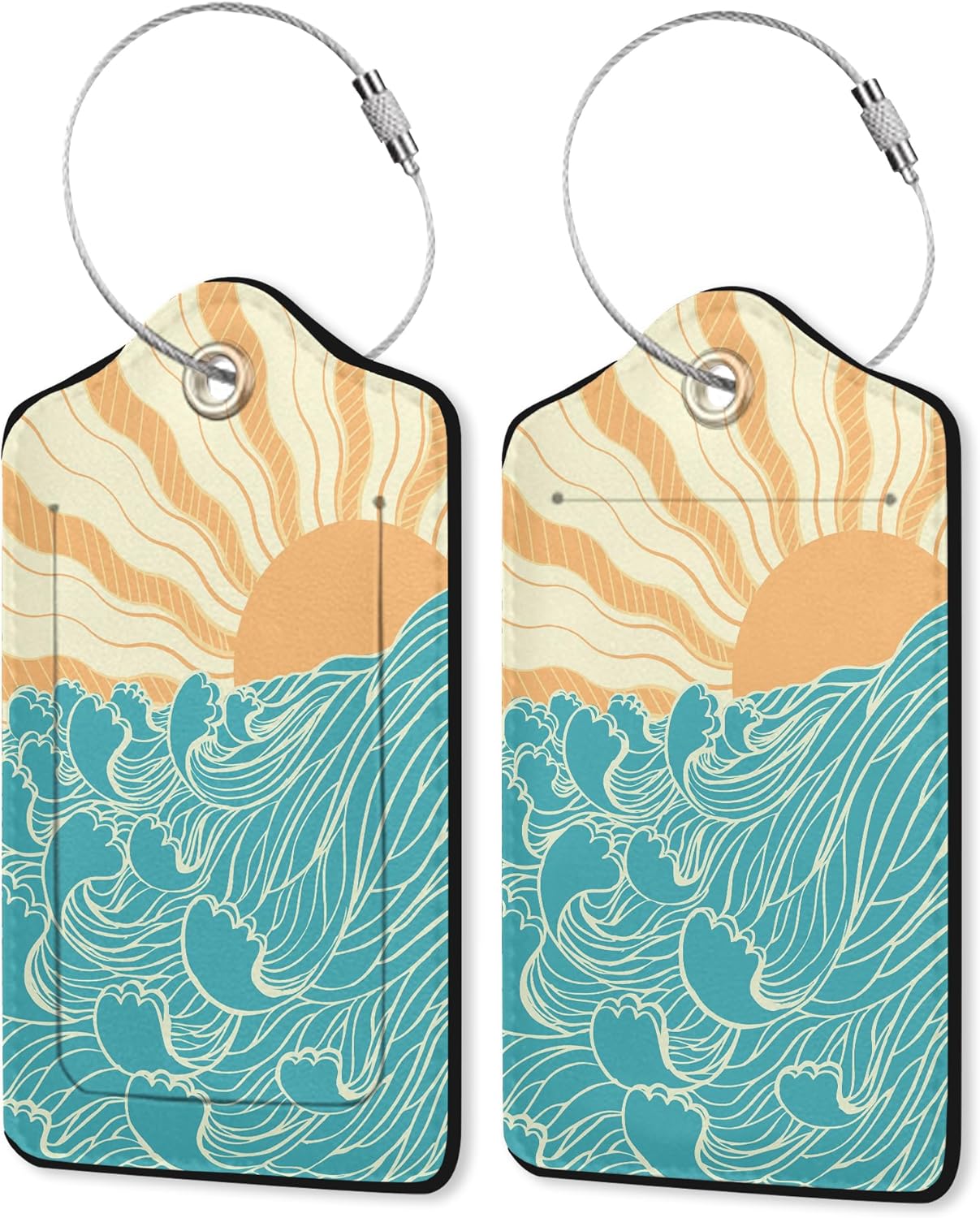 2 Pack Leather Luggage Tag for Suitcase Wave at Dawn Ocean and Sun Japanese Style Unique Travel Tags with Privacy Cover ID Label & Stainless Steel Loop for Men and Women Baggage