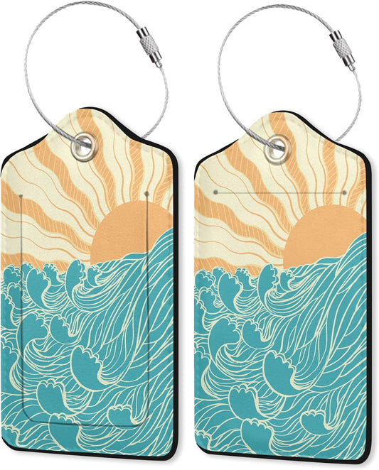 2 Pack Leather Luggage Tag for Suitcase Wave at Dawn Ocean and Sun Japanese Style Unique Travel Tags with Privacy Cover ID Label & Stainless Steel Loop for Men and Women Baggage