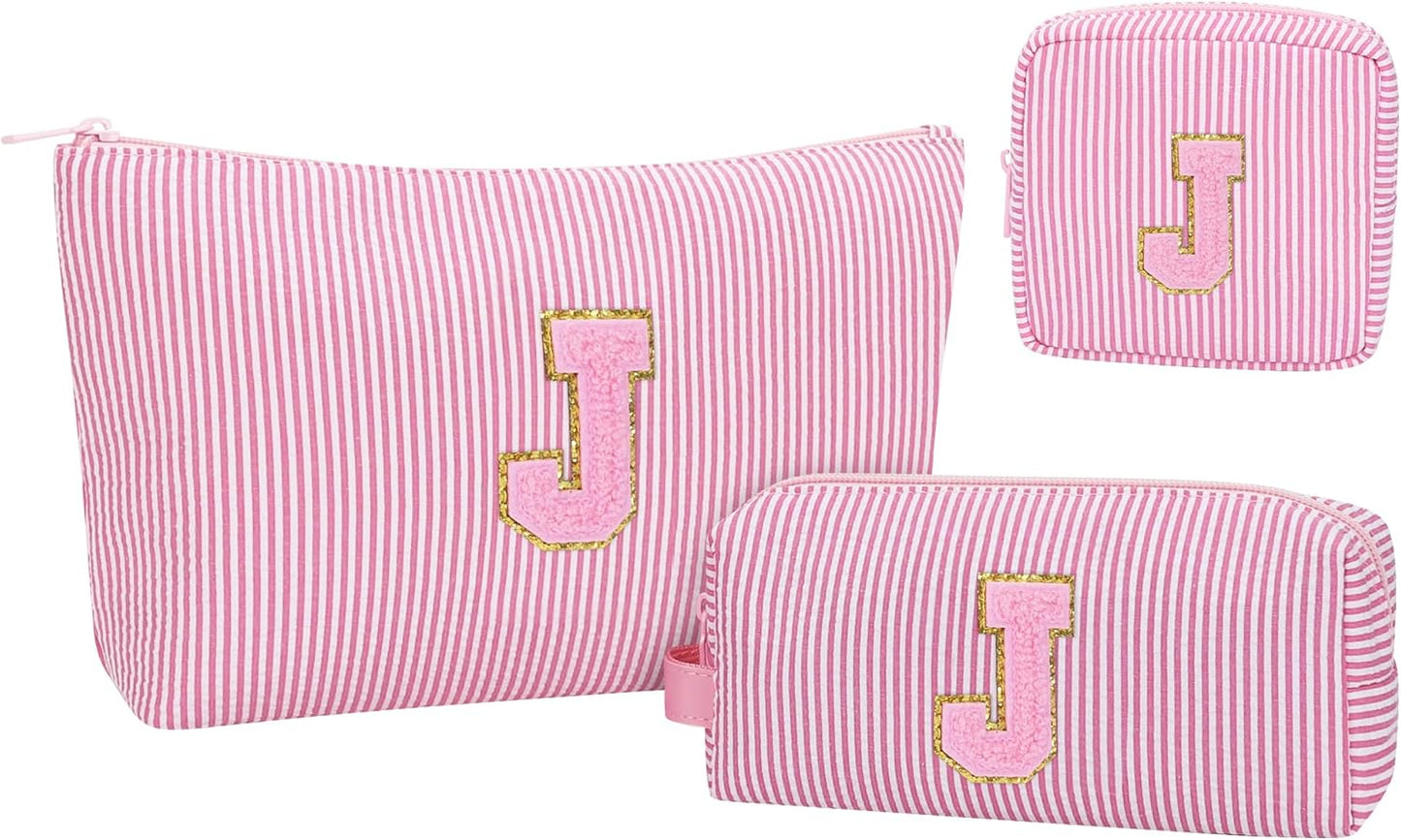 MONSTINA Personalized Initial Makeup Bag for Women,Monogram Make Up Case for Girlfriend Bridesmaid Wife,Birthday Gift for Her Cute Toiletry Bag,3PCS,Pink J