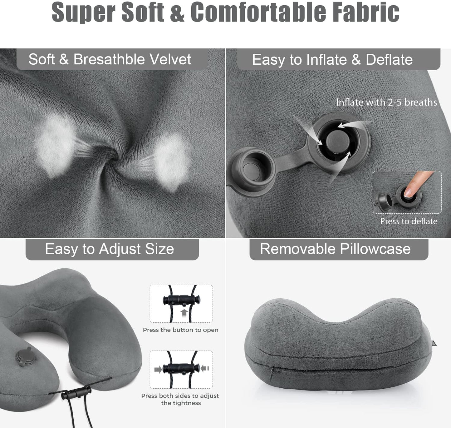 urophylla Inflatable Travel Neck Pillow for Airplanes, Super Soft Velvet Neck Support, Adjustable
